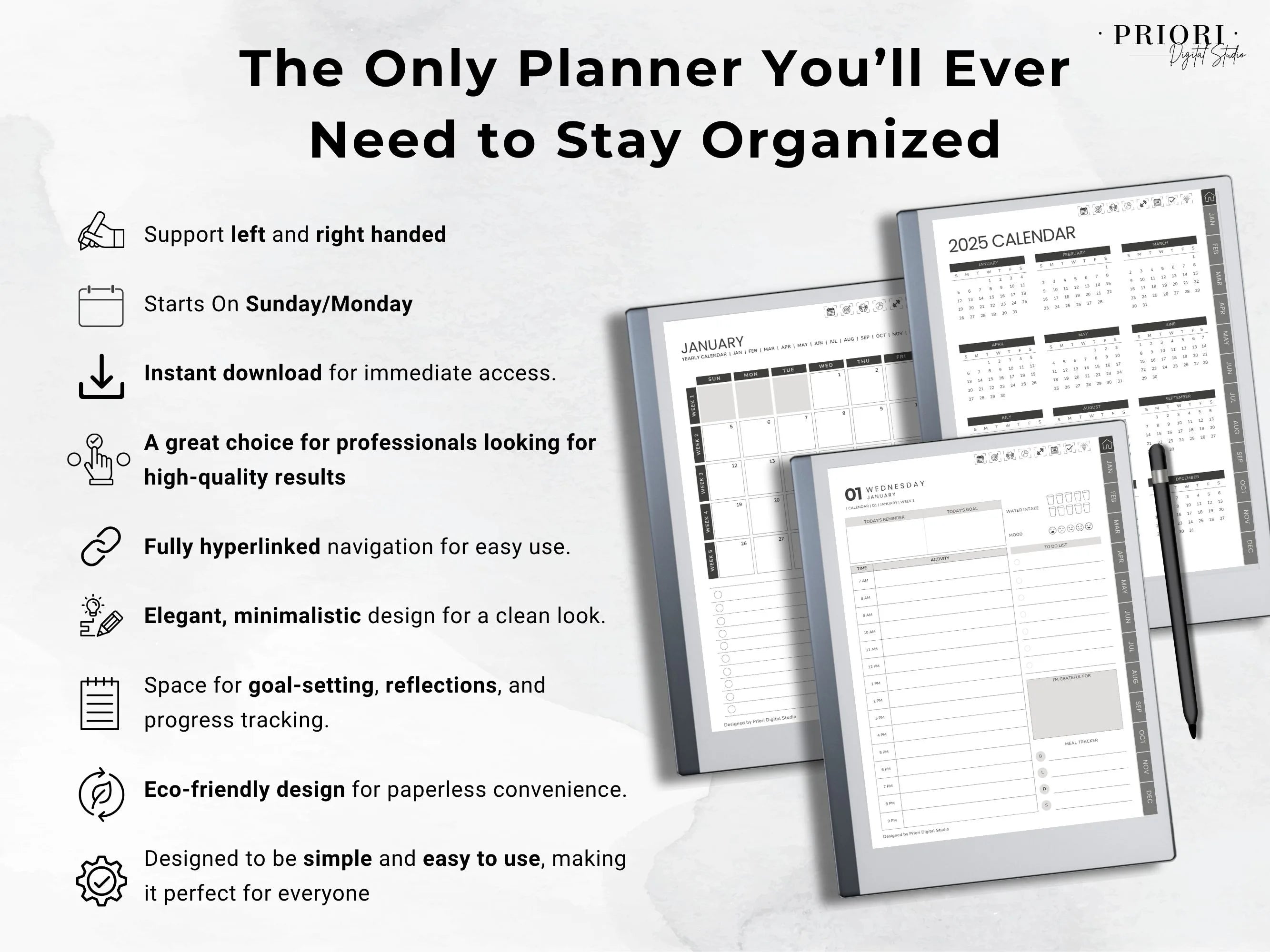reMarkable Planner Daily Planner 2025 2026 Daily Journal reMarkable 2 Template Digital Planner Minimalist Hyperlinked Planner for reMarkable