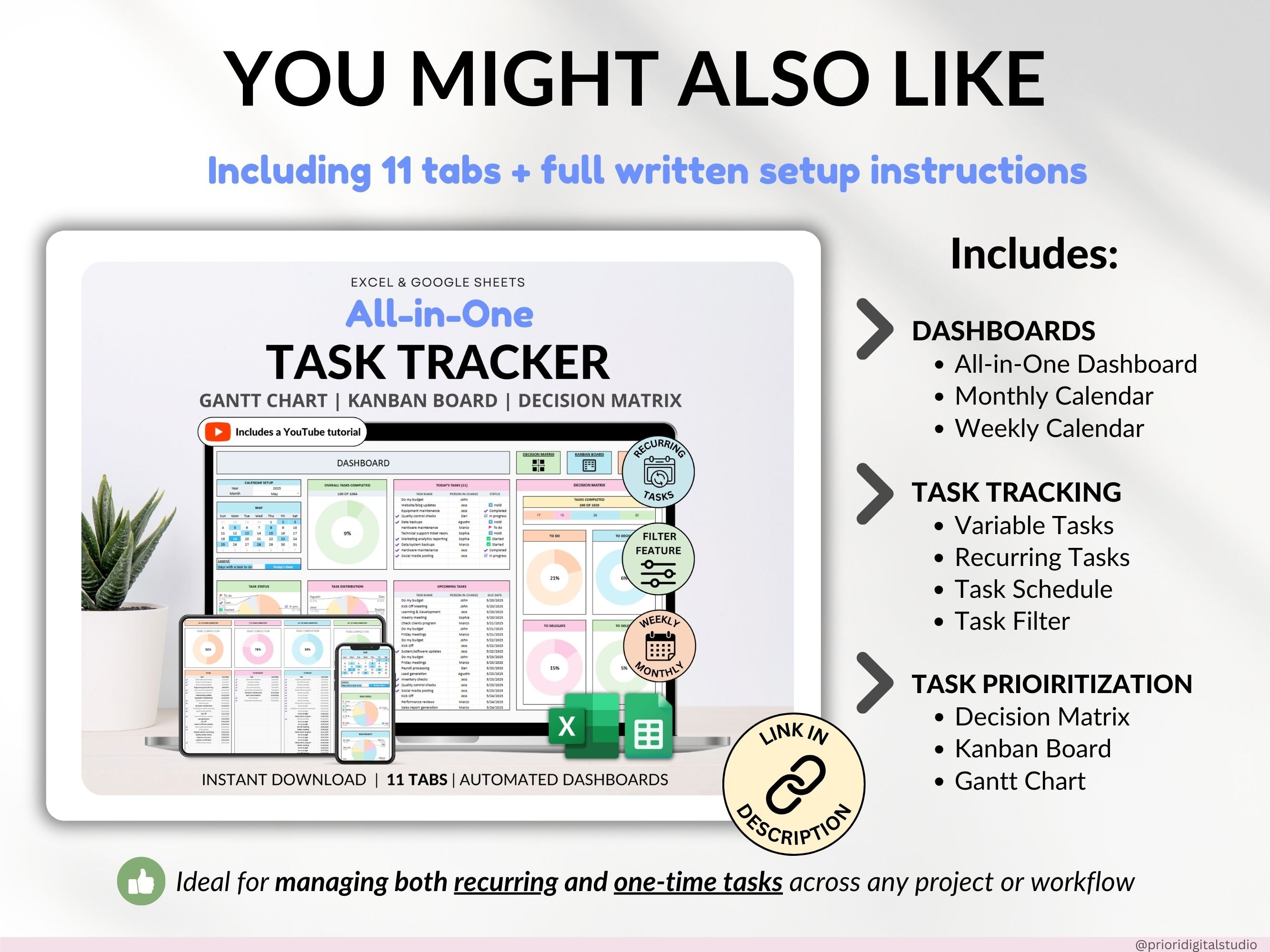 Decision Matrix Task Tracker Google Sheets Excel Eisenhower Matrix To-Do List Project Planner Work Priority Matrix ADHD Productivity Planner
