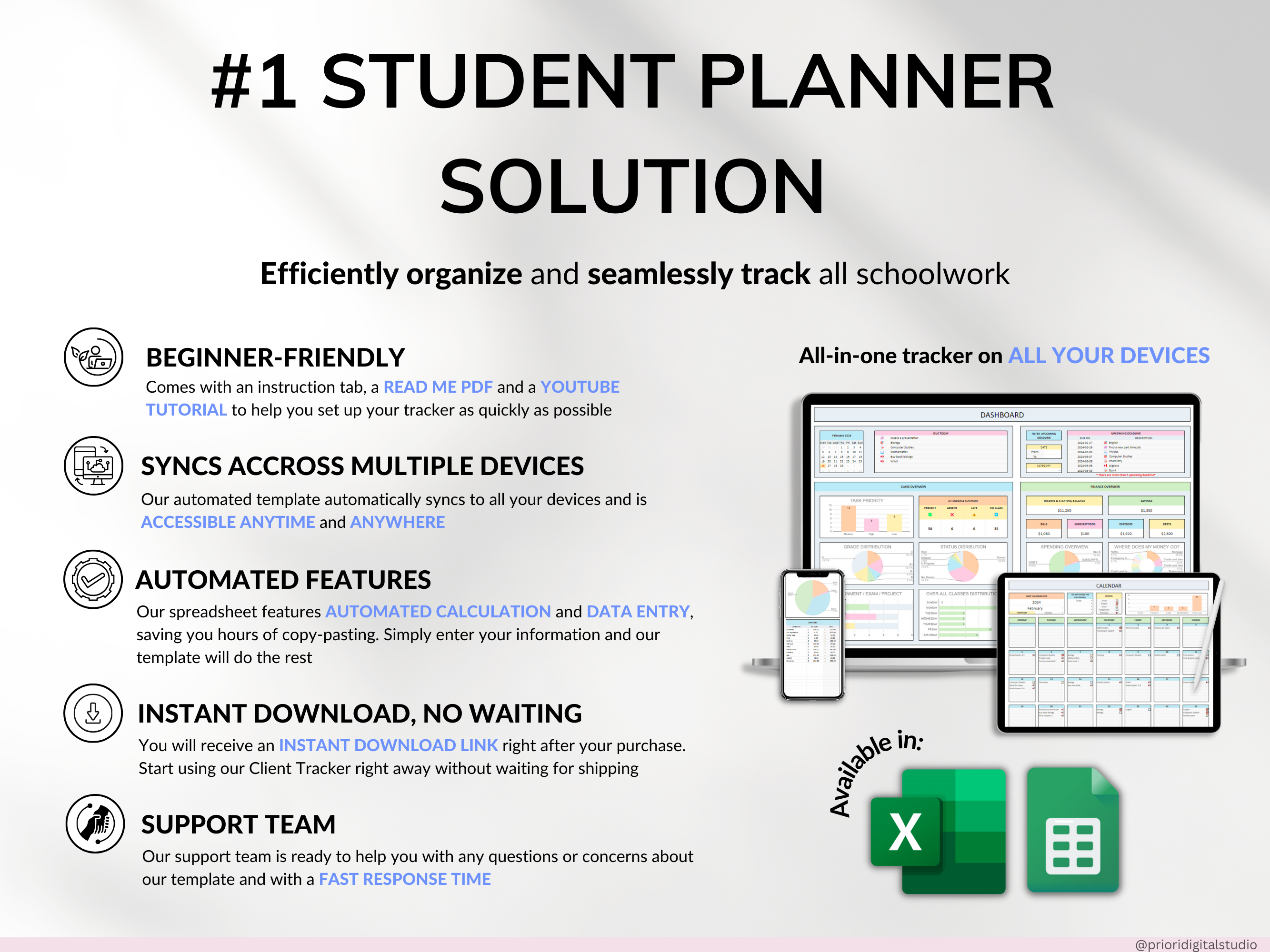 Student Planner with Assignment Tracker Academic Planner Google Sheets Excel Task Tracker To-Do List Automated Calendar Budget Finance Tracker
