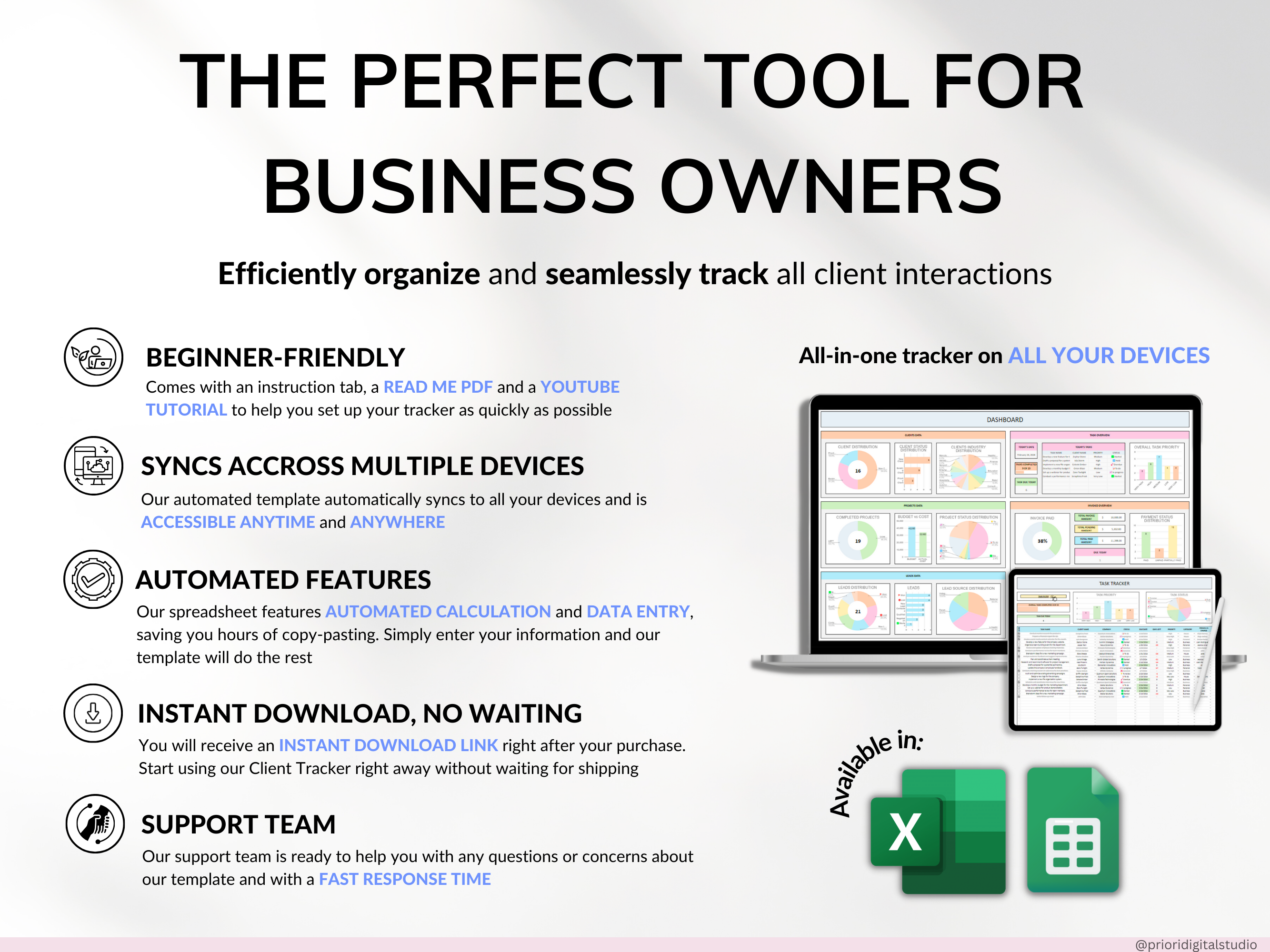 Client Tracker Spreadsheet for Small Business with Task Tracker Customer CRM Dashboard Google Sheets Excel Lead Management Invoice Tracker