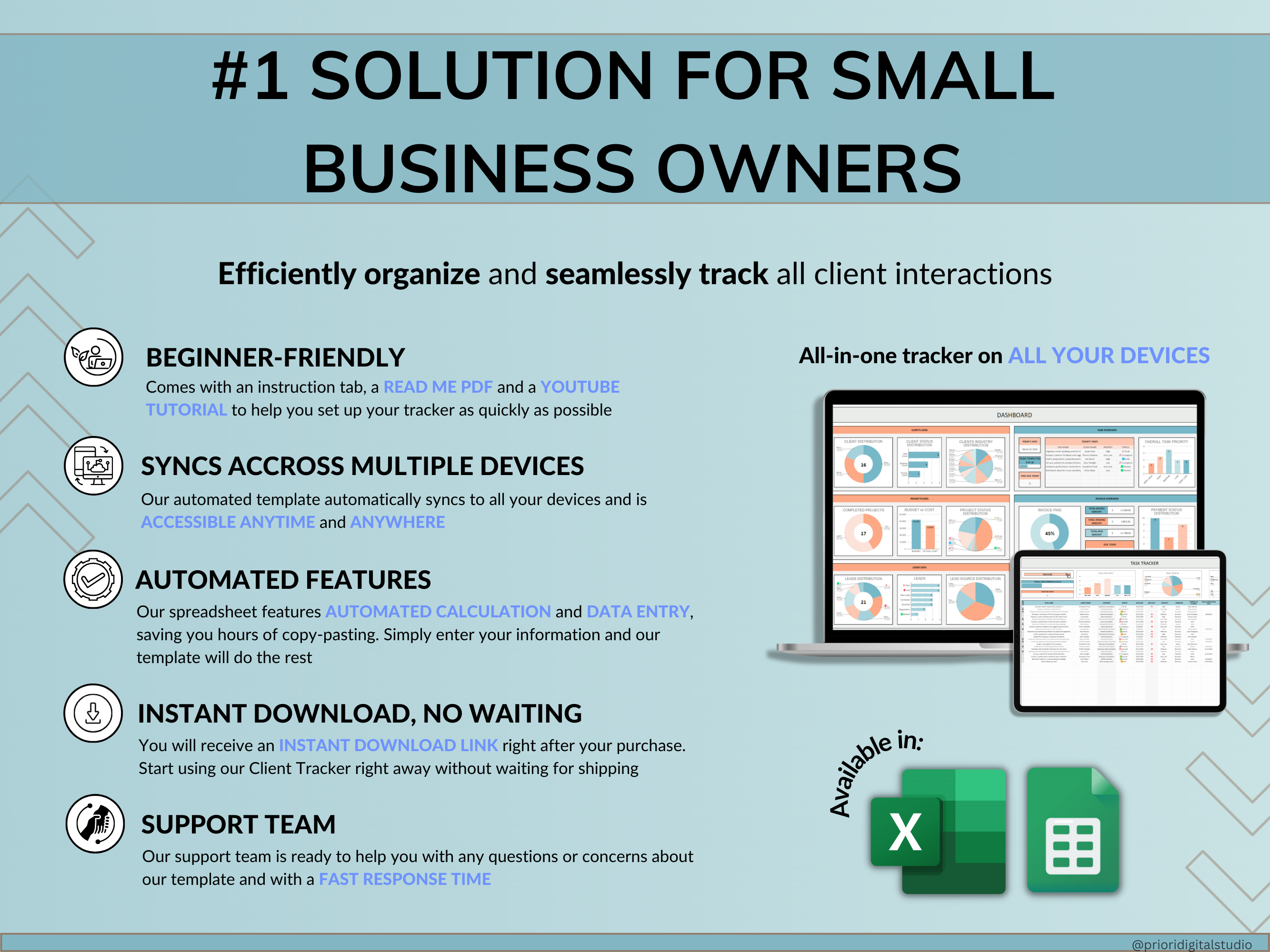 Client Tracker Spreadsheet for Small Business with Task Tracker Customer CRM Dashboard Google Sheets Excel Lead Management Invoice Tracker