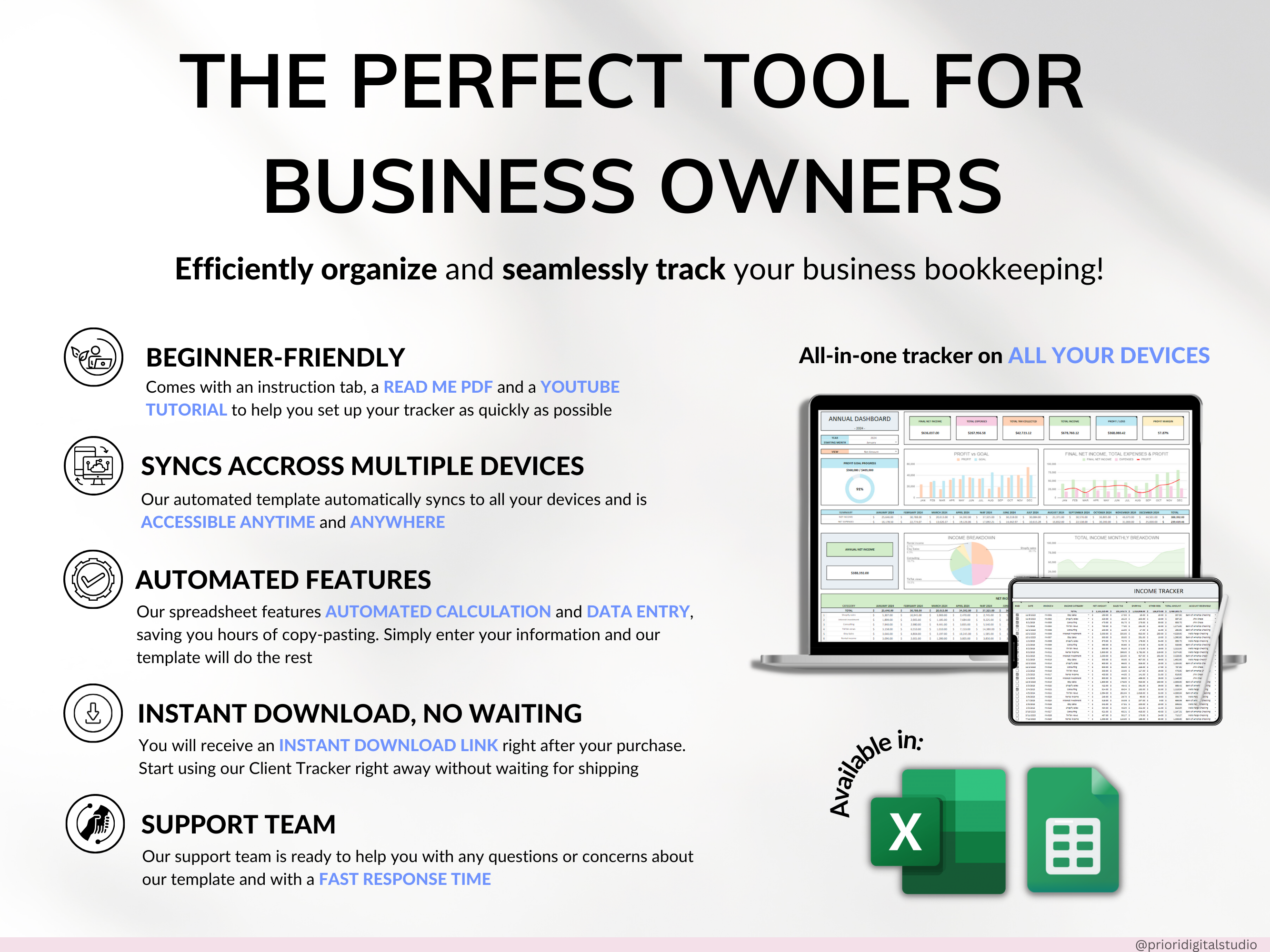 Small Business Bookkeeping Spreadsheet Income Expense Tracker Tax Tracker Accounting Template Mileage Tracker Business Planner Profit & Loss Excel Google Sheets