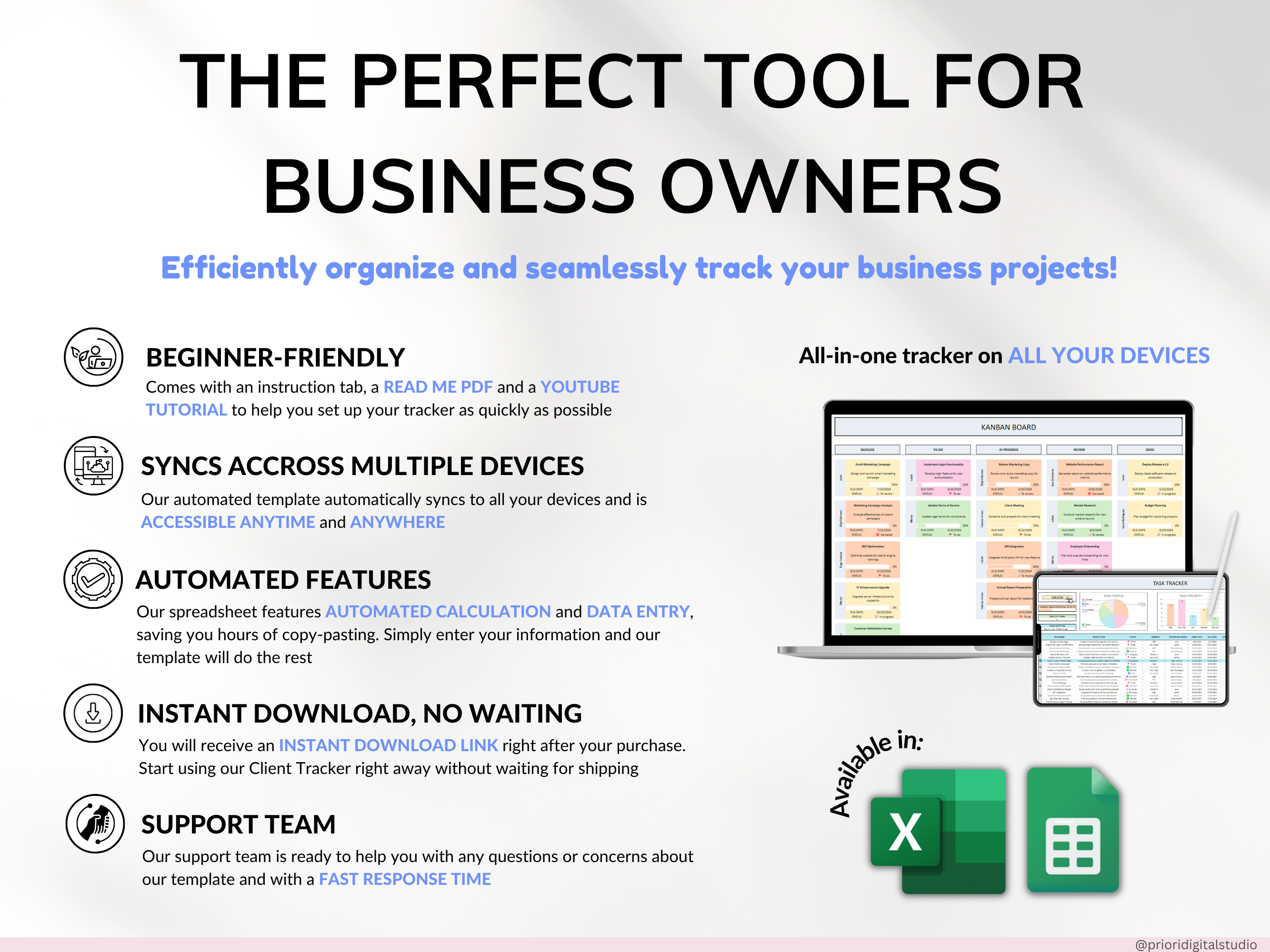 Kanban Board w/ Task Tracker for Small Business Project Planning To-Do List Project Template Task Checklist Small Business Planner Excel Google Sheets