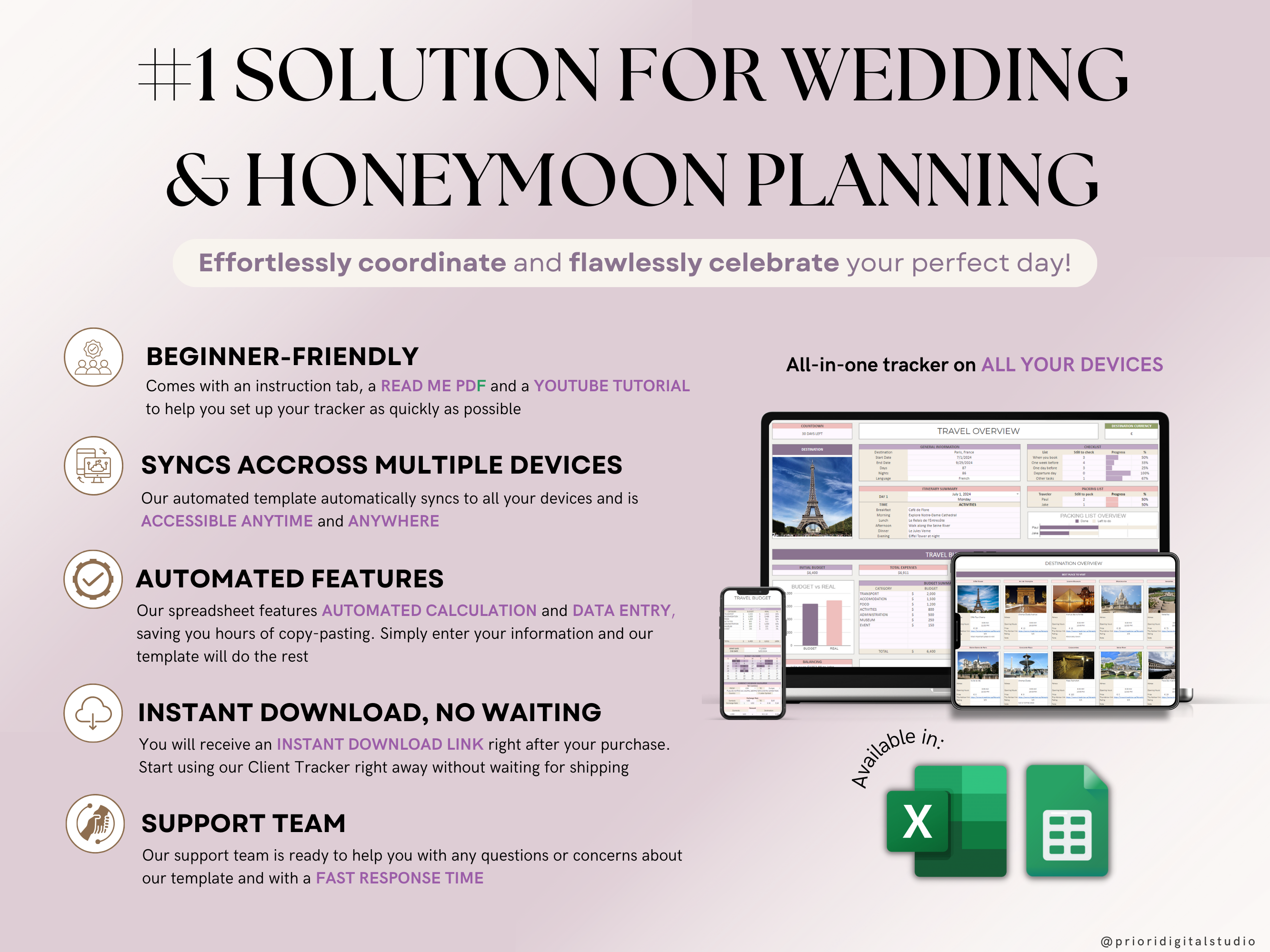 Wedding Planner Spreadsheet Wedding Budget Tracker Honeymoon Planner Checklist Guest List Tracker Wedding Travel Itinerary Seating Plan Excel Google Sheets#color_lavender