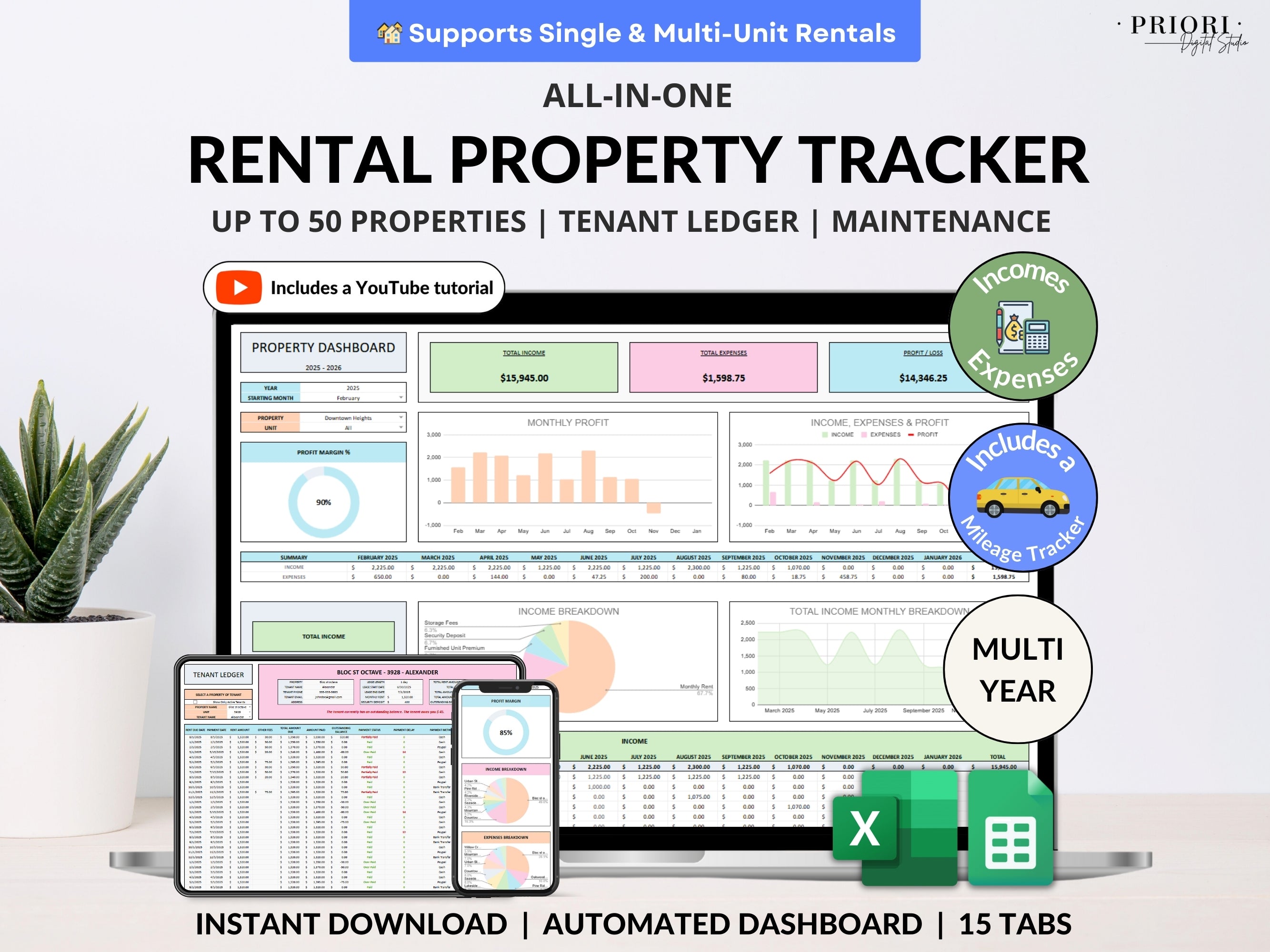 Rental Property Tracker Landlord Spreadsheet Multi Property Income and Expense Excel Google Sheets Rental Bookkeeping Rent Payment Tracker#color_multicolor