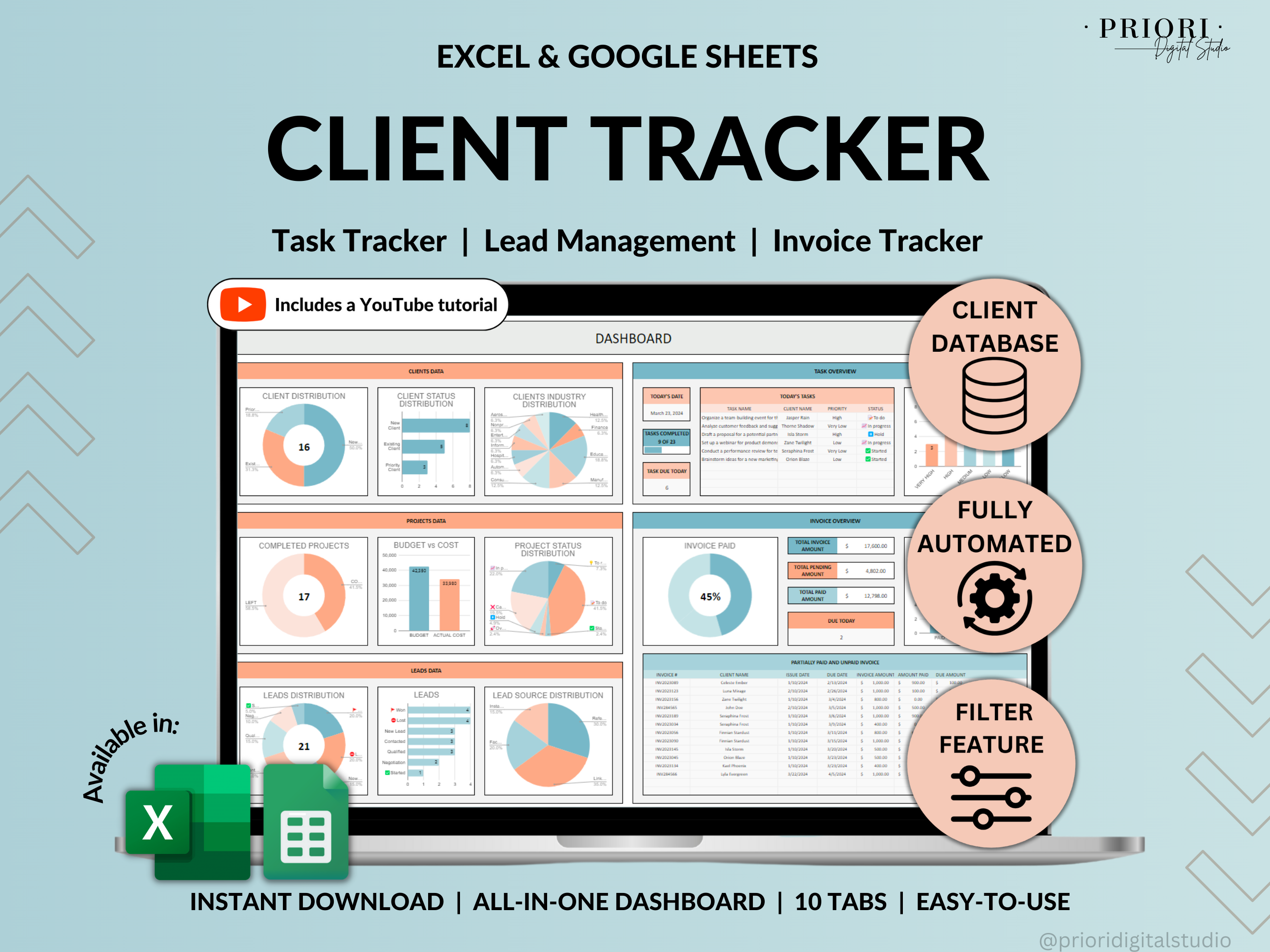 Client Tracker Spreadsheet for Small Business with Task Tracker Customer CRM Dashboard Google Sheets Excel Lead Management Invoice Tracker