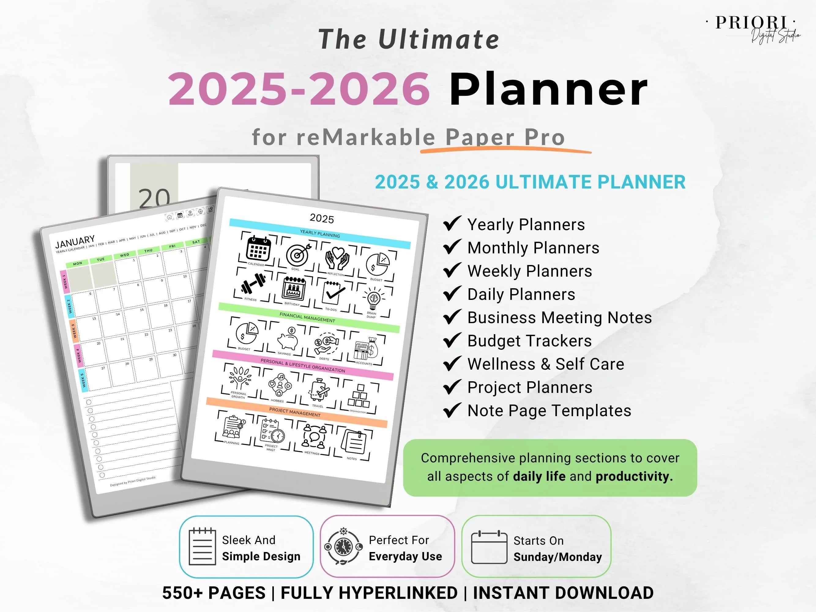 reMarkable Digital Planner 2025 2026 Daily Planner reMarkable 2 Template Minimalist Hyperlinked Planner for reMarkable Organization Planner