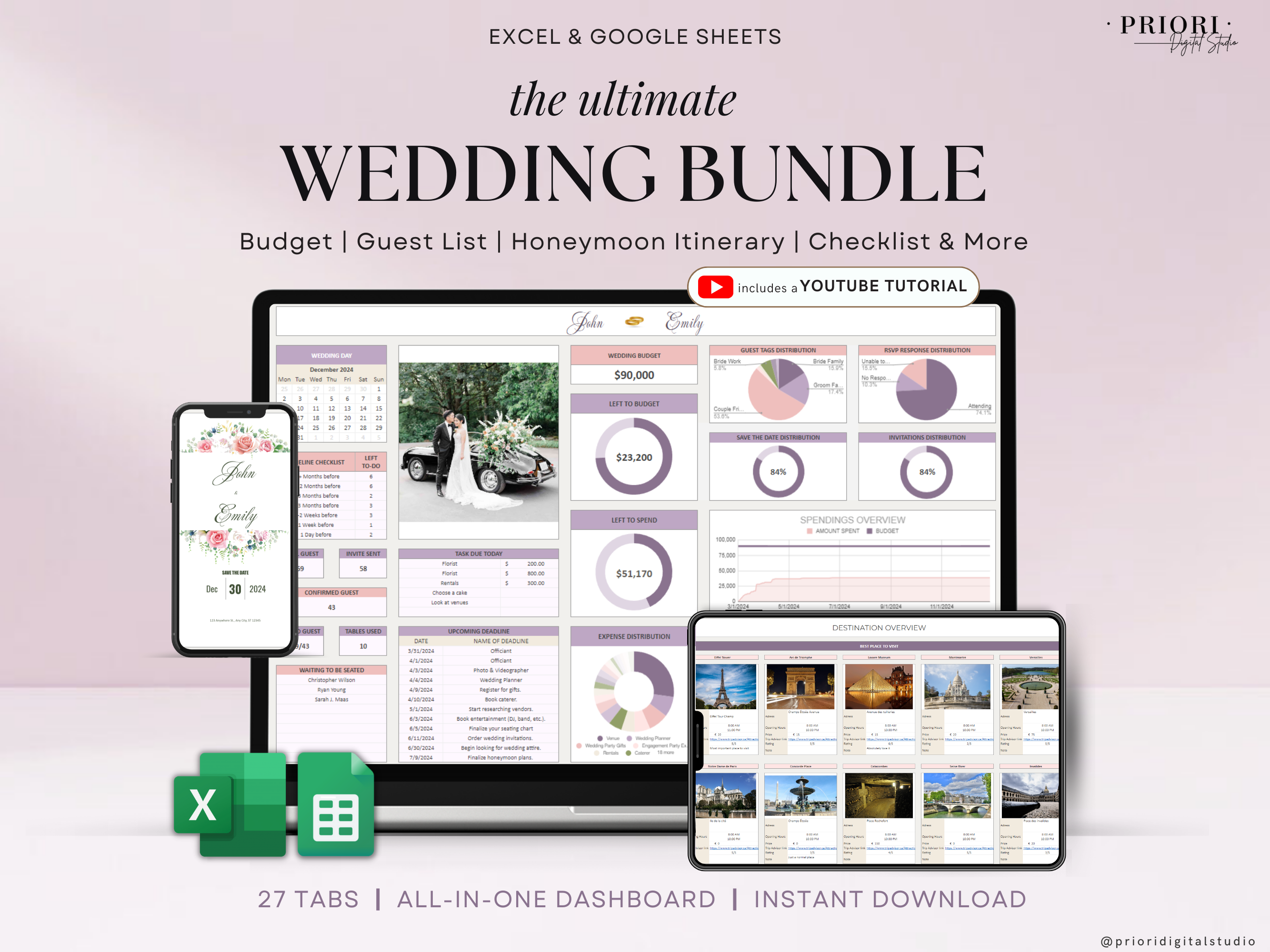 Wedding Planner Spreadsheet Wedding Budget Tracker Honeymoon Planner Checklist Guest List Tracker Wedding Travel Itinerary Seating Plan Excel Google Sheets#color_lavendar