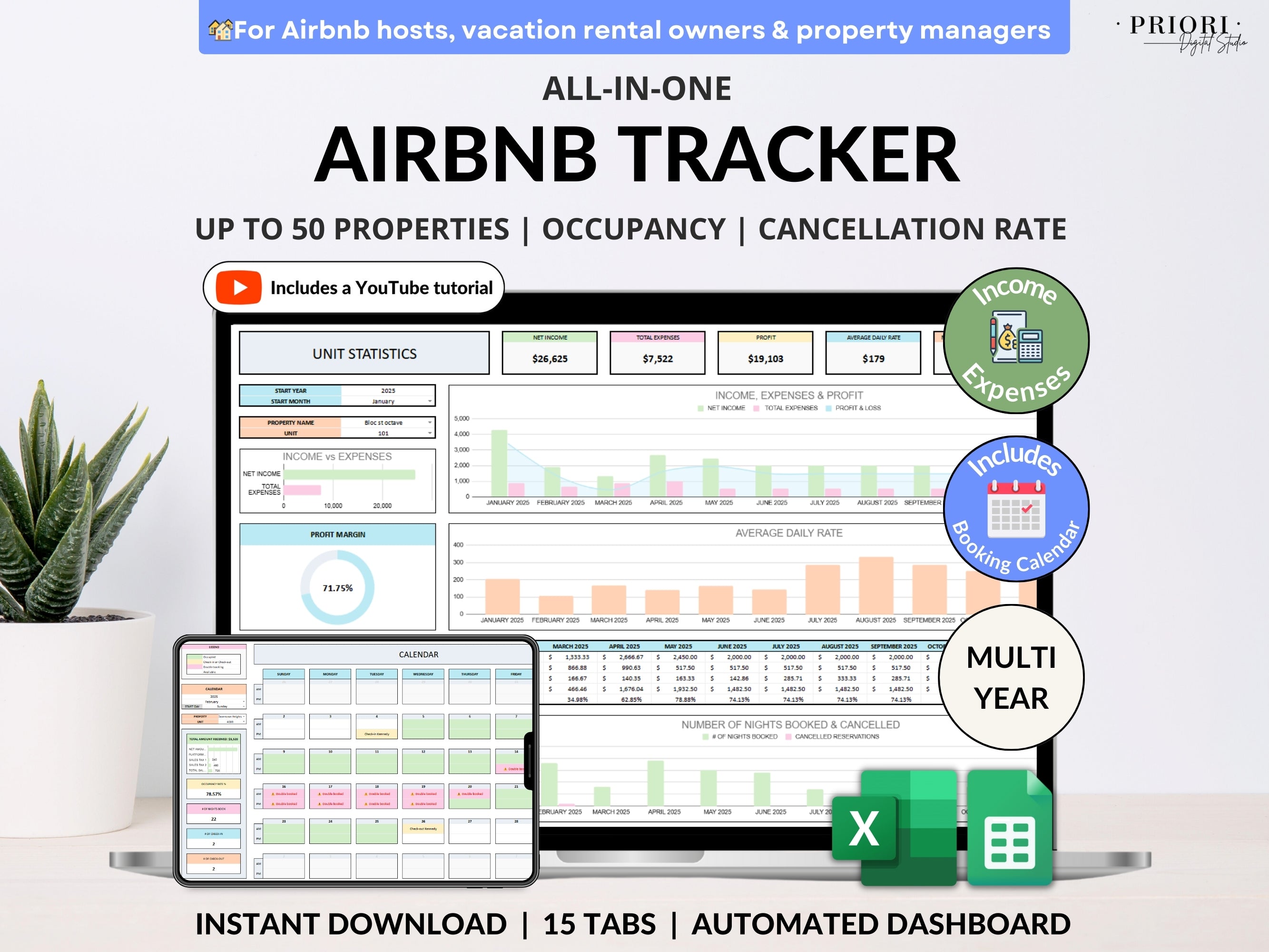 Airbnb Spreadsheet Vacation Rental Property Tracker Bookkeeping Template Google Sheets Booking Calendar Excel Short-Term Rental Management#color_multicolor