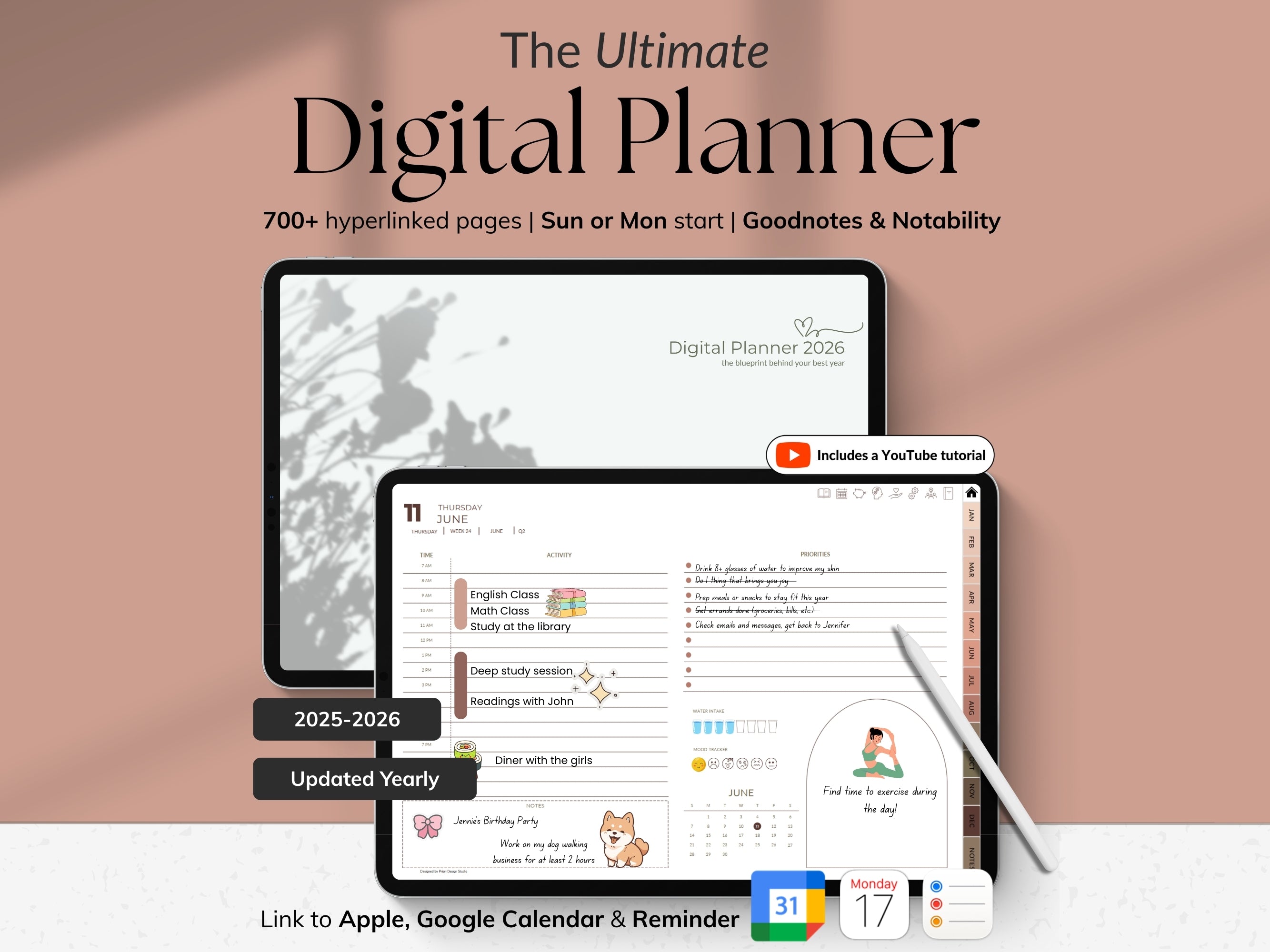 Digital planner software with tablet and smartphone displaying planner interface on a beige background