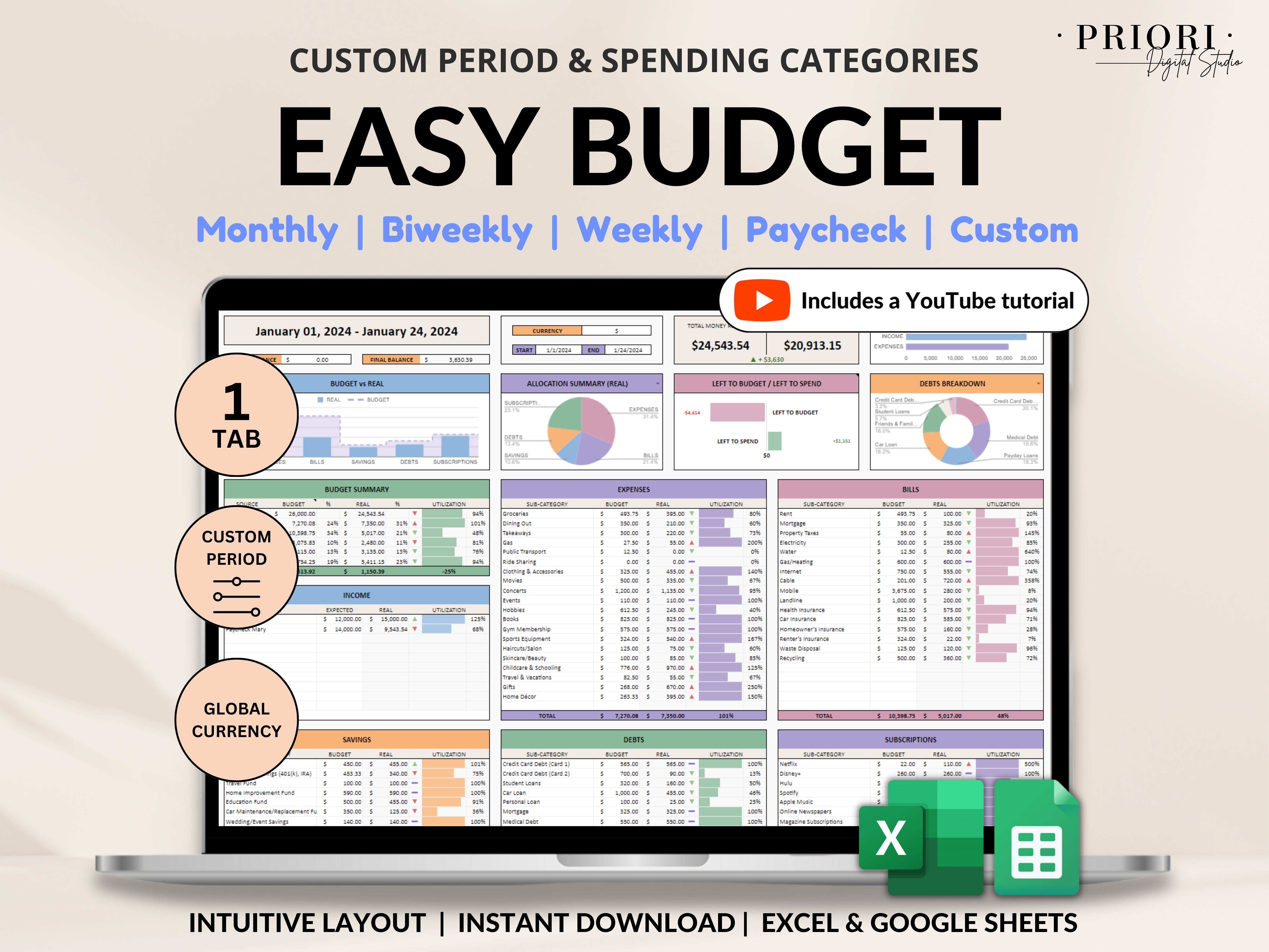 Simple Budget Planner for Google Sheets Paycheck Budget Spreadsheet Excel Budget Template Weekly Budget Biweekly Income and Expense Tracker Paycheck Budget#color_multicolor