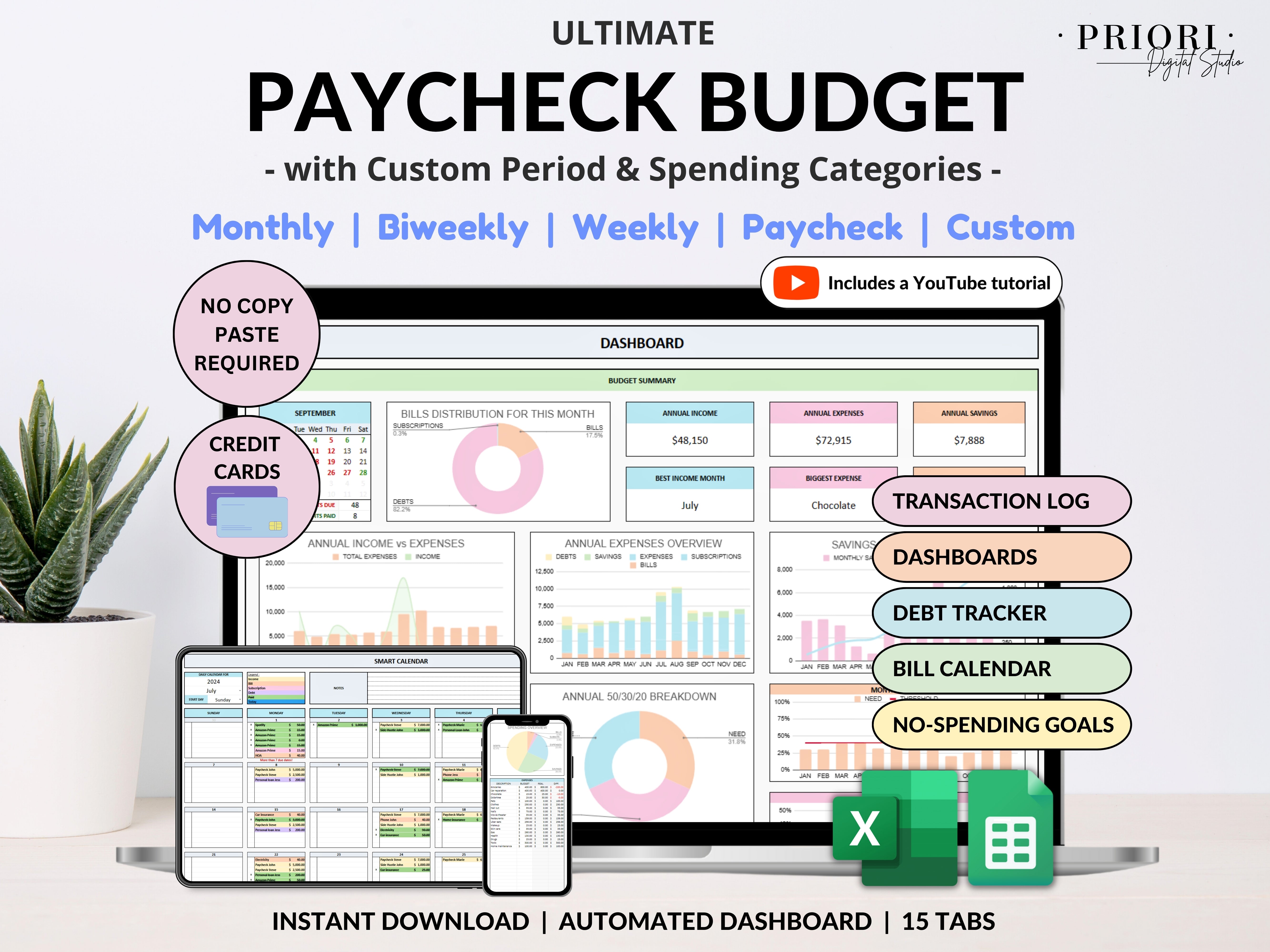 Paycheck Budget Spreadsheet Weekly Budget Monthly Budget Biweekly Bill Tracker Debt Tracker Financial Planner Google Sheets Excel Template#color_multicolor