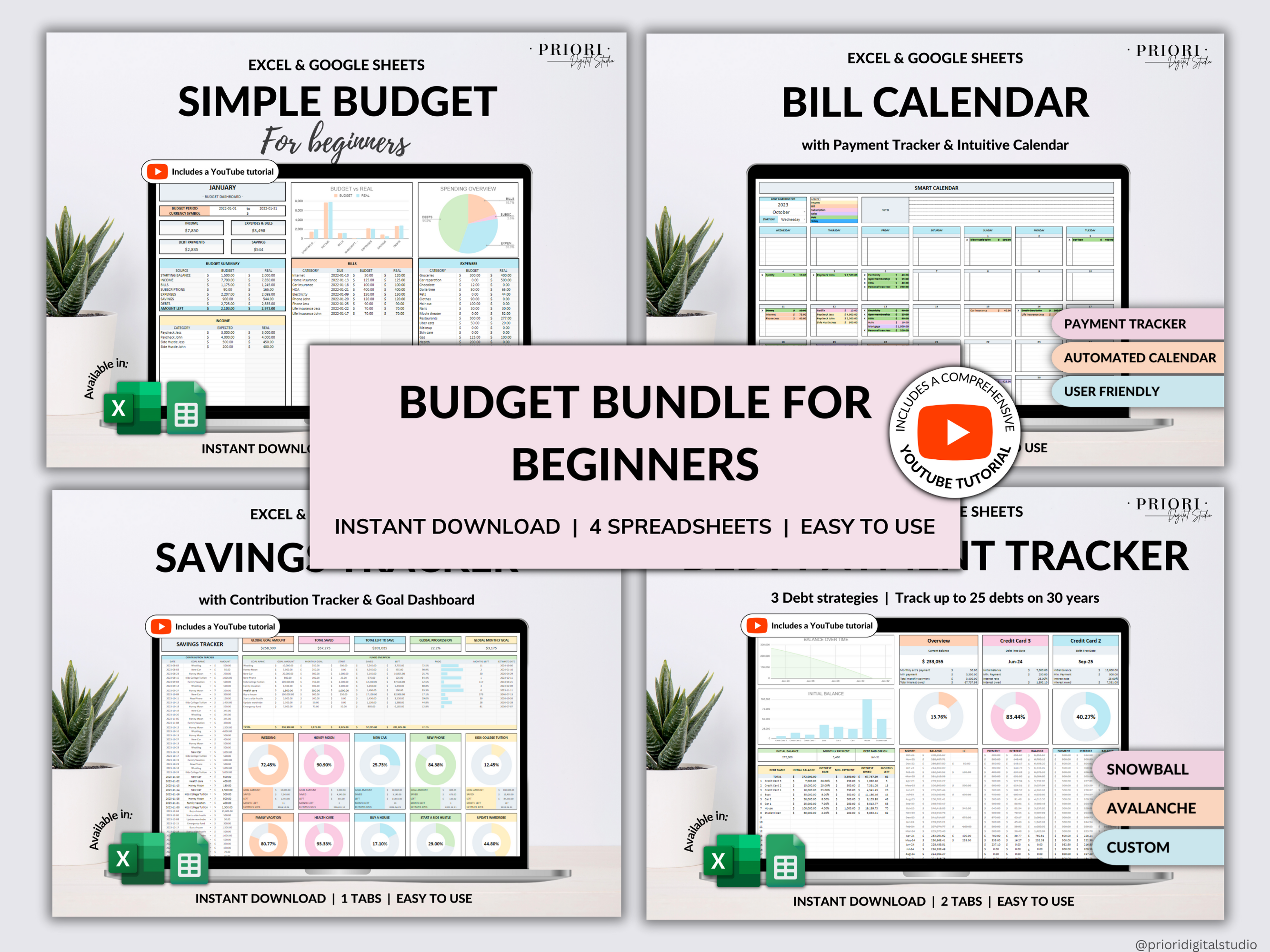 Budget Planner Monthly Paycheck Budget Bill Tracker Excel Spreadsheet Google Sheets Bundle Debt Payoff Tracker Debt Snowball Savings Tracker