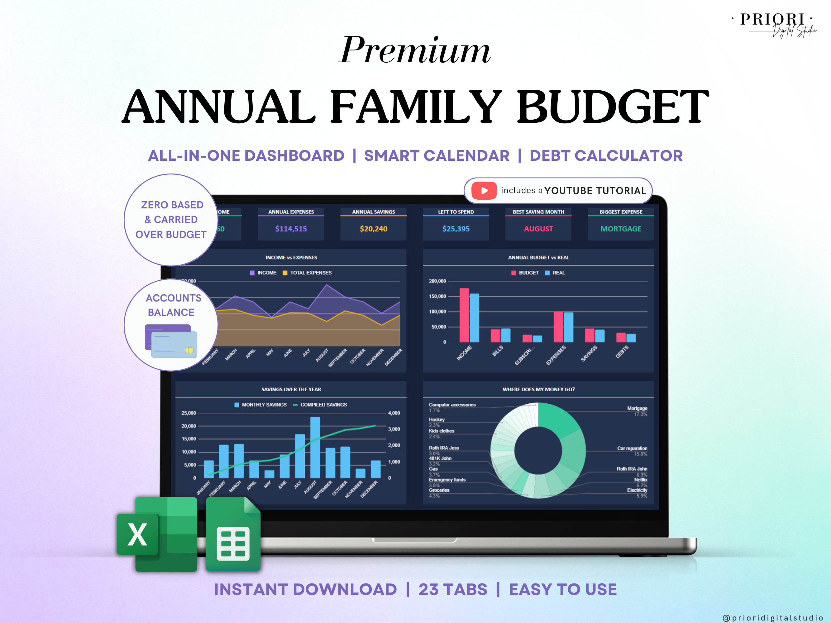 Family Annual Budget Dark Mode Monthly Budget Tracker Excel Spreadsheet Google Sheets Couple Financial Planner Bill Calendar Debt Tracker