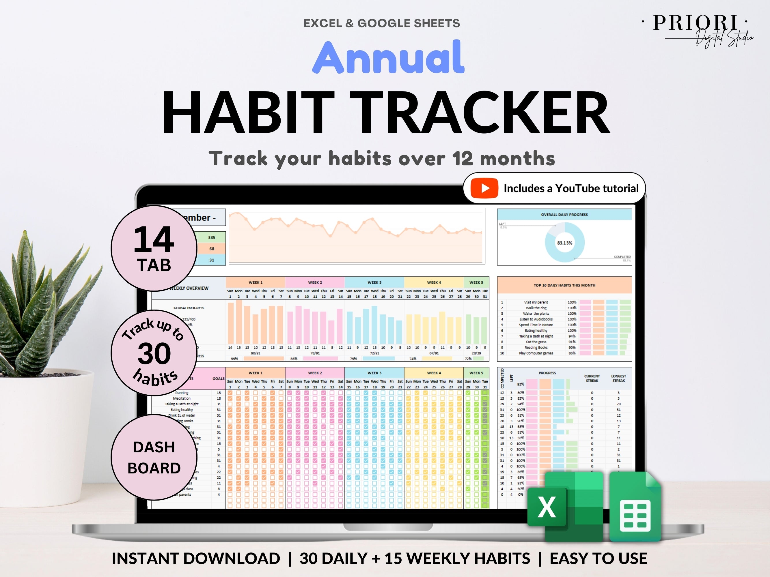 Yearly Habit Tracker Spreadsheet Excel Google Sheets Daily Habit Planner Weekly Goal Planner Routine Planner ADHD Habit Tracker Annual Habit #color_multicolor