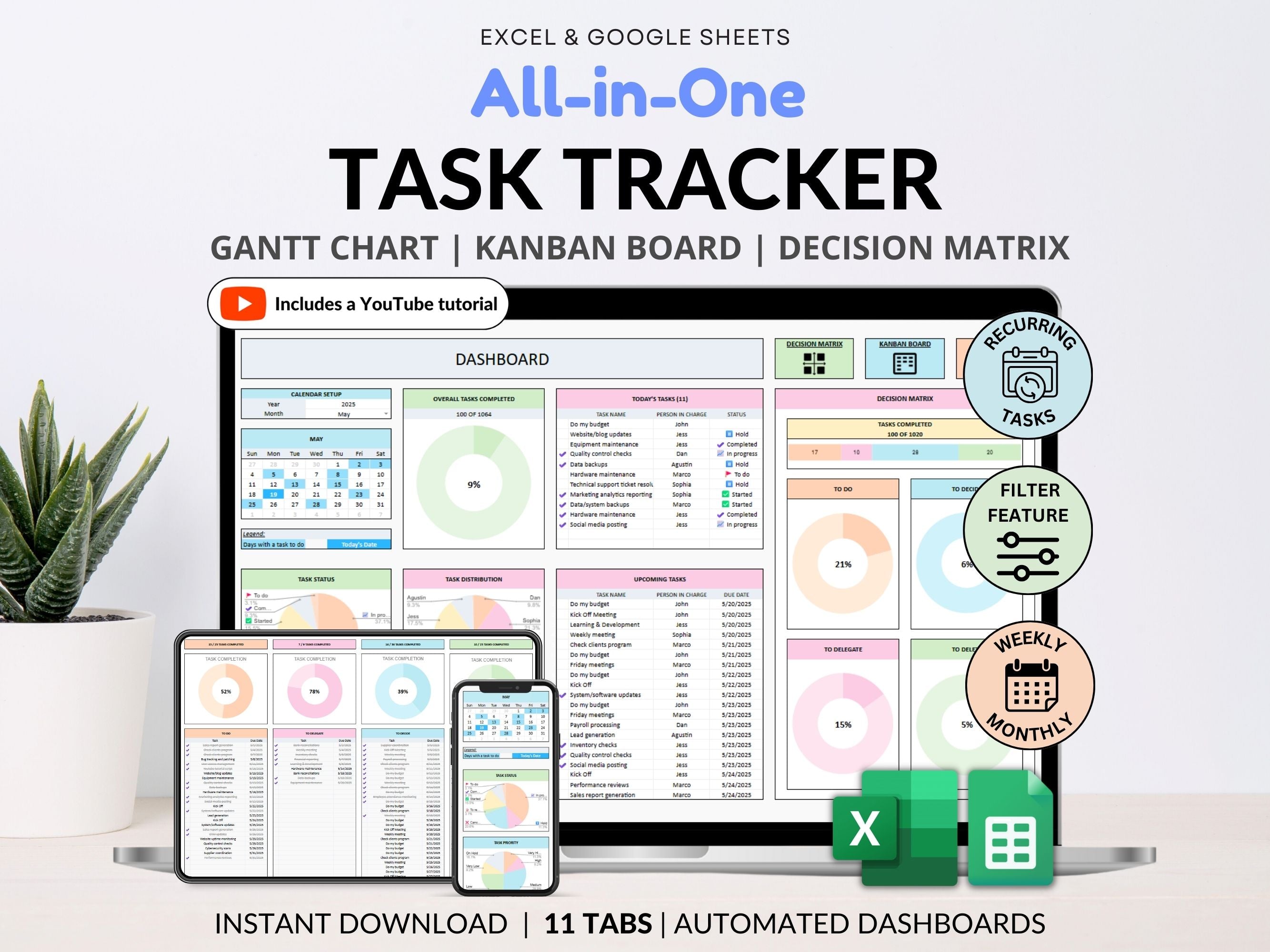 Task Tracker Spreadsheet Template Google Sheets Digital To-Do List Excel Daily Task Priority List Work Organization Team Project Management#color_multicolor