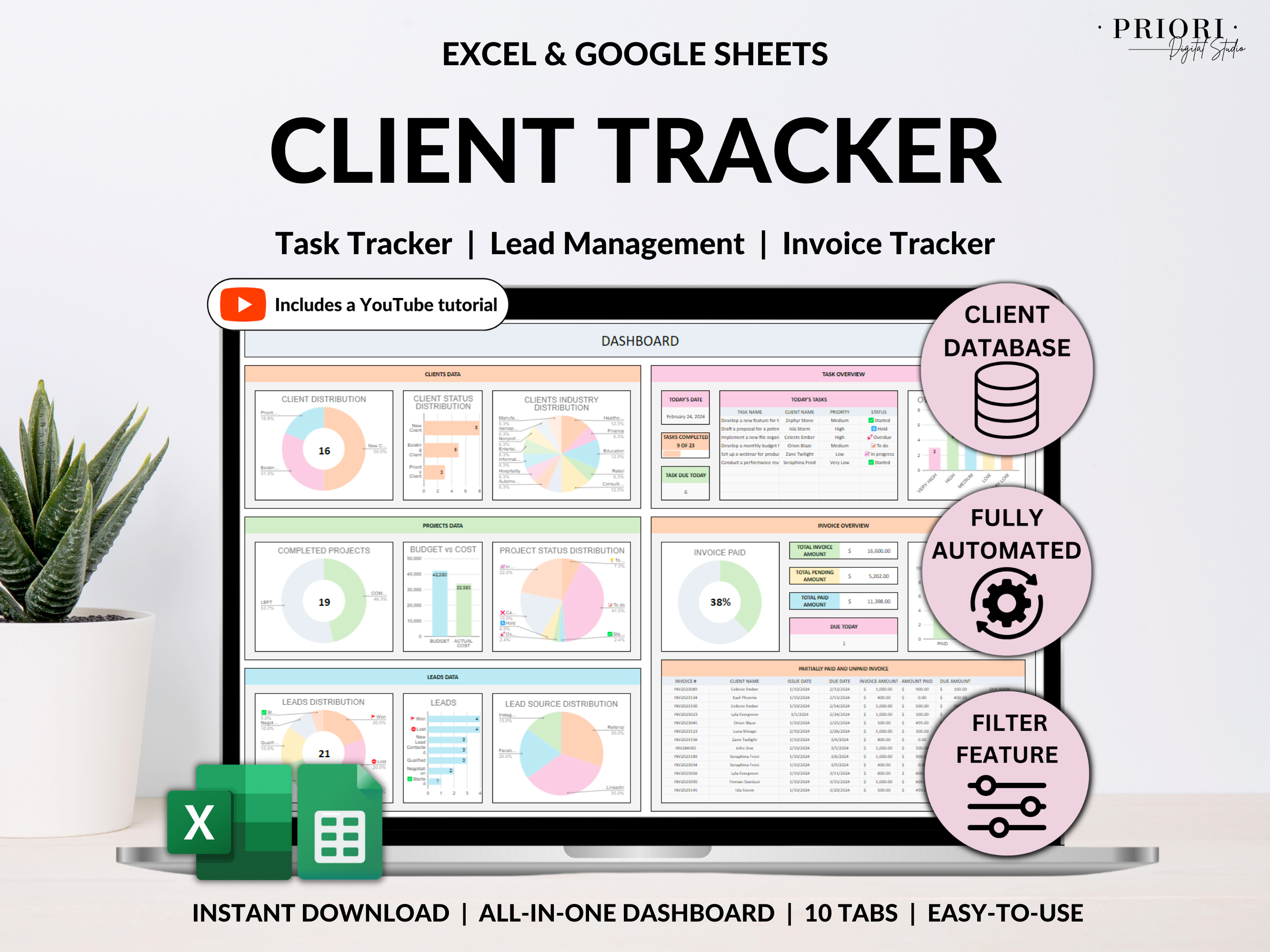Client Tracker Spreadsheet for Small Business with Task Tracker Customer CRM Dashboard Google Sheets Excel Lead Management Invoice Tracker#color_multicolor