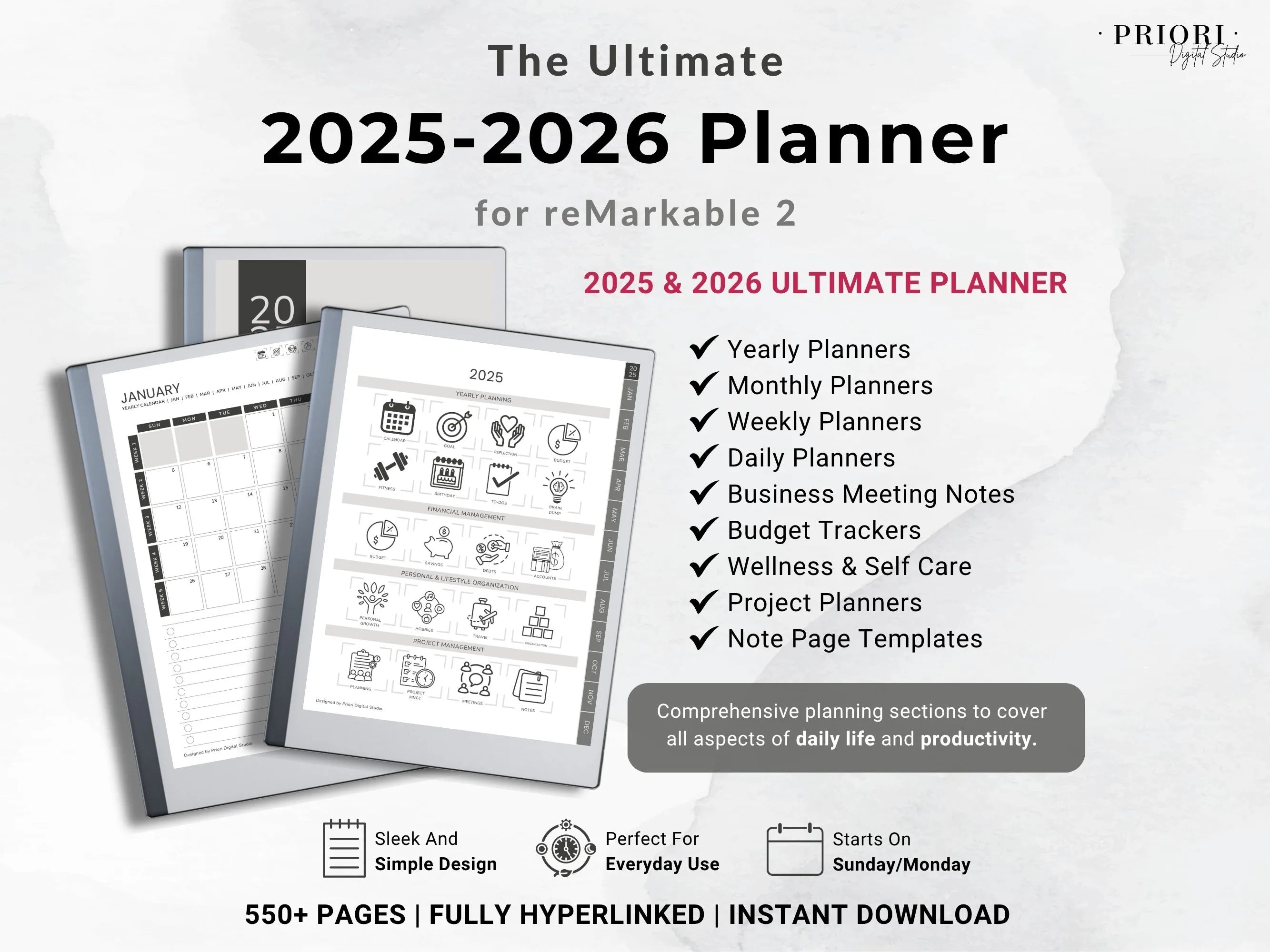 reMarkable Digital Planner 2025 2026 Daily Planner reMarkable 2 Template Minimalist Hyperlinked Planner for reMarkable Organization Planner
