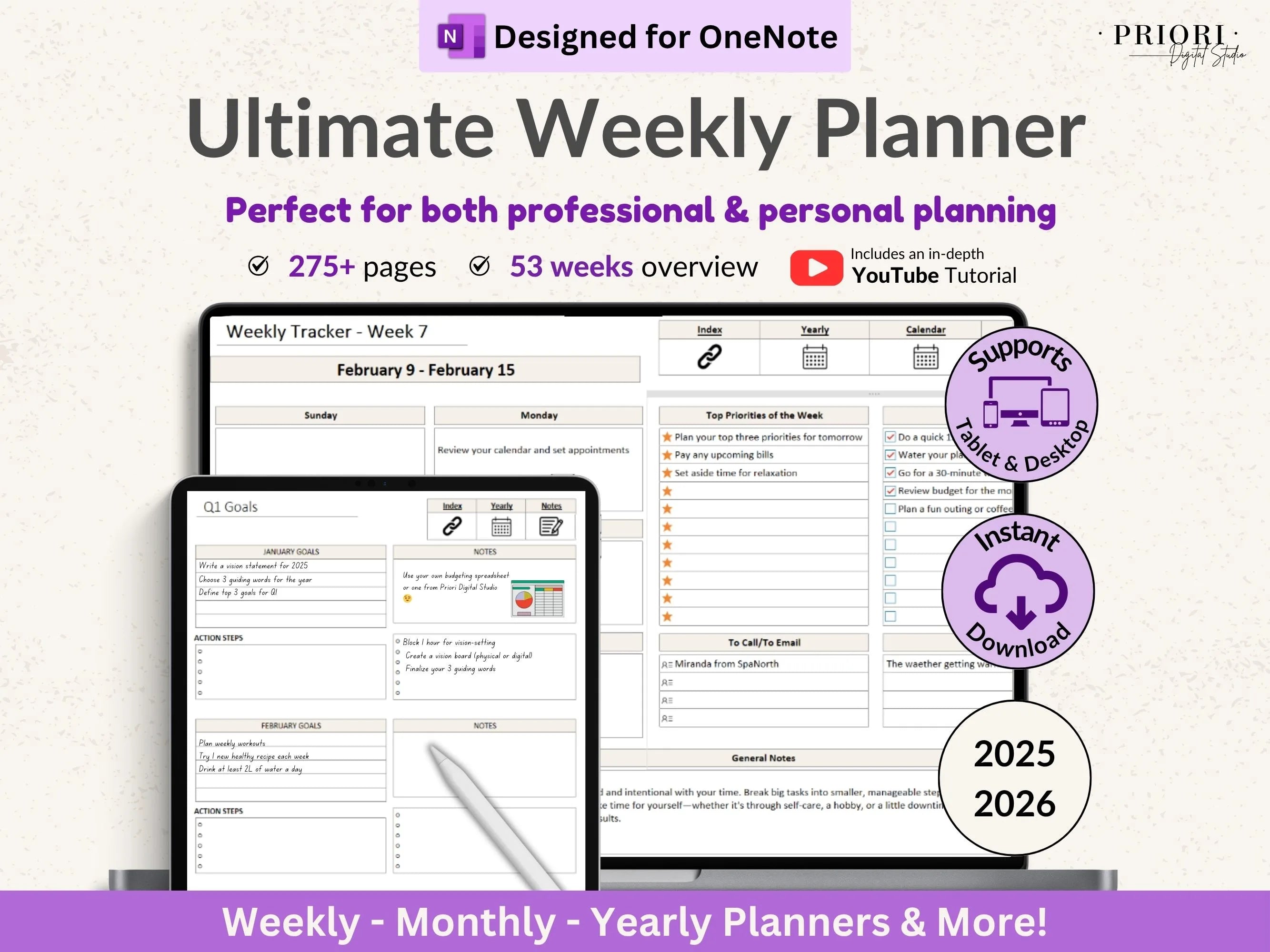 OneNote Template for 2025 Weekly Digital Planner Monthly OneNote Planner Hyperlinked Planner Organization Planner Professional Dated Planner