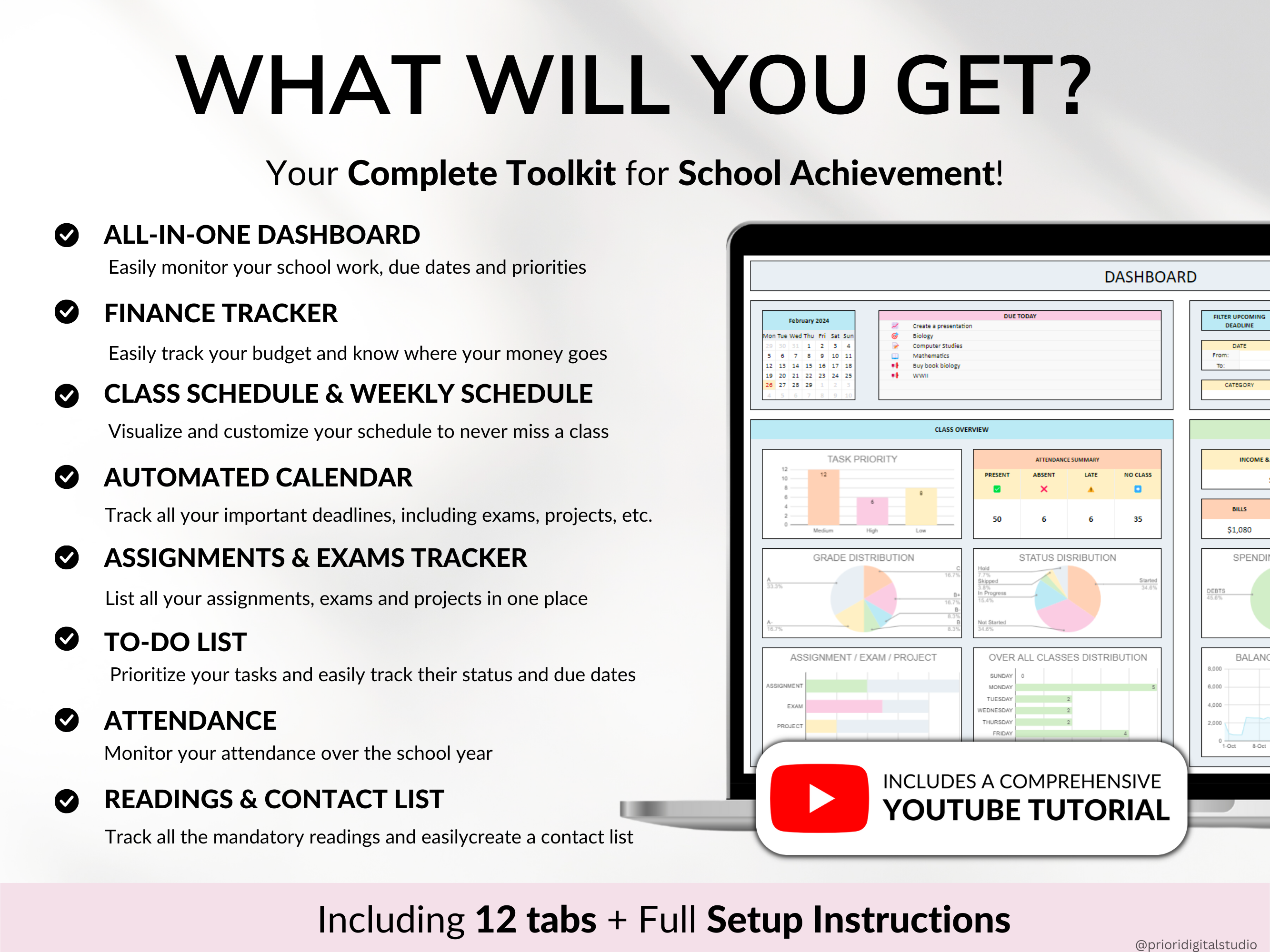 Student Planner with Assignment Tracker Academic Planner Google Sheets Excel Task Tracker To-Do List Automated Calendar Budget Finance Tracker