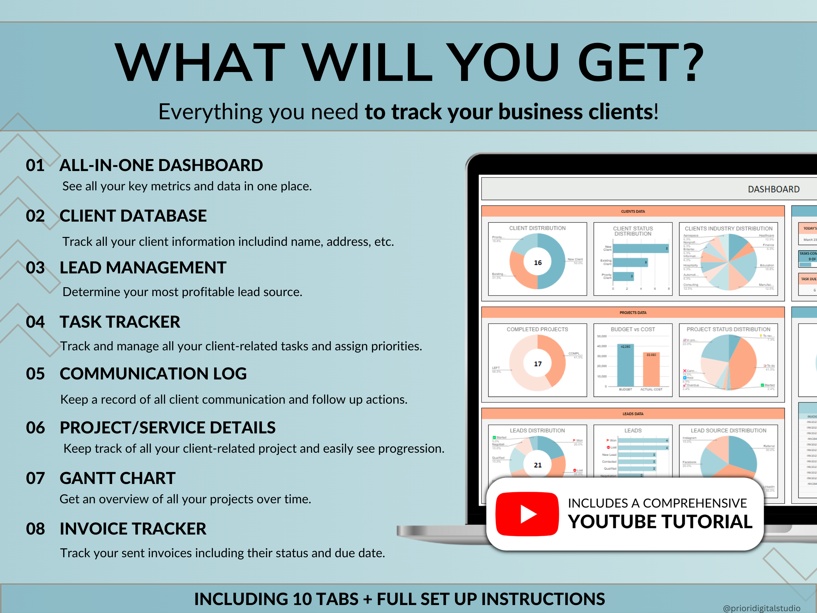 Client Tracker Spreadsheet for Small Business with Task Tracker Customer CRM Dashboard Google Sheets Excel Lead Management Invoice Tracker