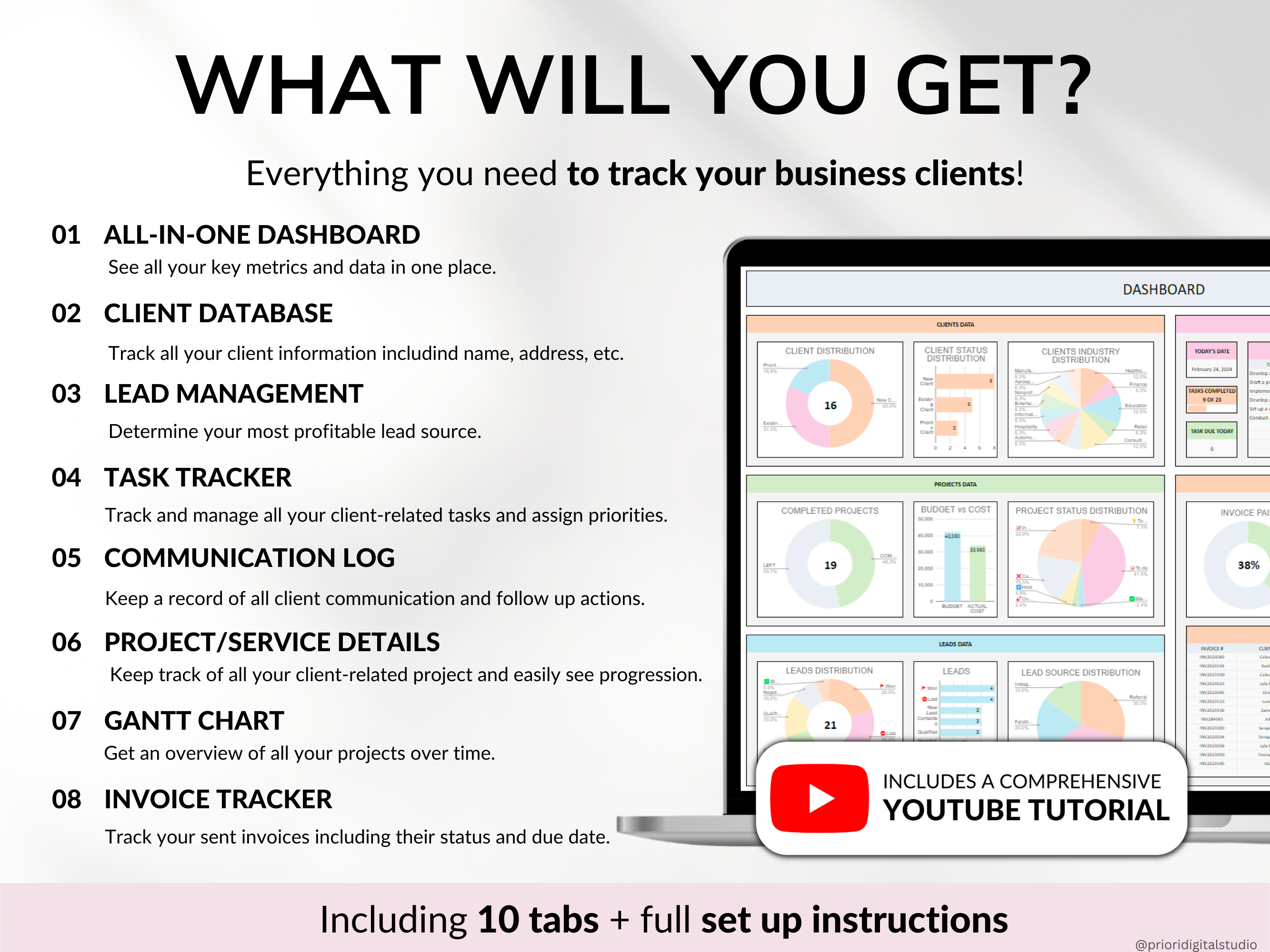 Client Tracker Spreadsheet for Small Business with Task Tracker Customer CRM Dashboard Google Sheets Excel Lead Management Invoice Tracker