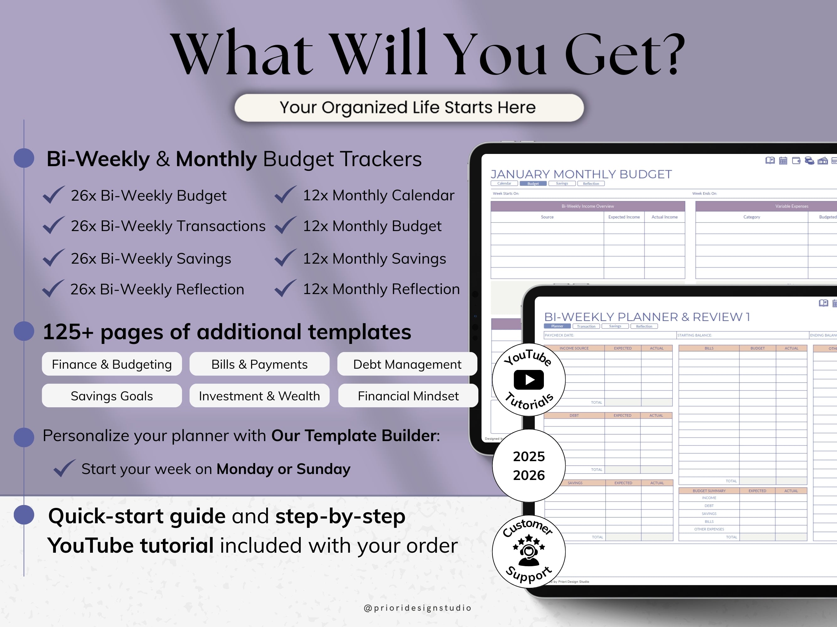 Product advertisement for budget trackers and templates with a computer screen .