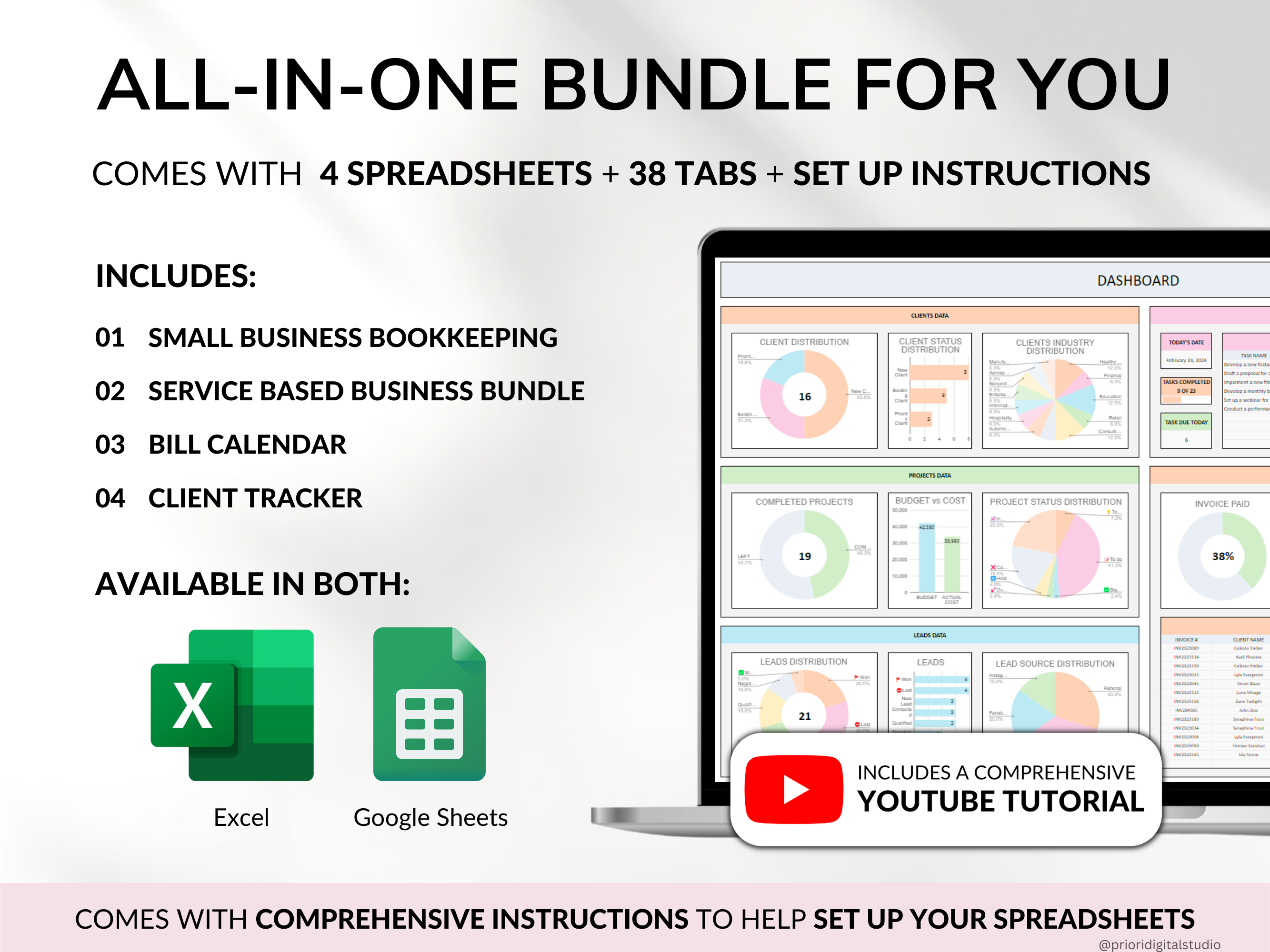 Small Business Spreadsheet Service Business Bookkeeping Client Tracker CRM Payroll Tracker Invoice Tracker Order Tracker Google Sheet Excel