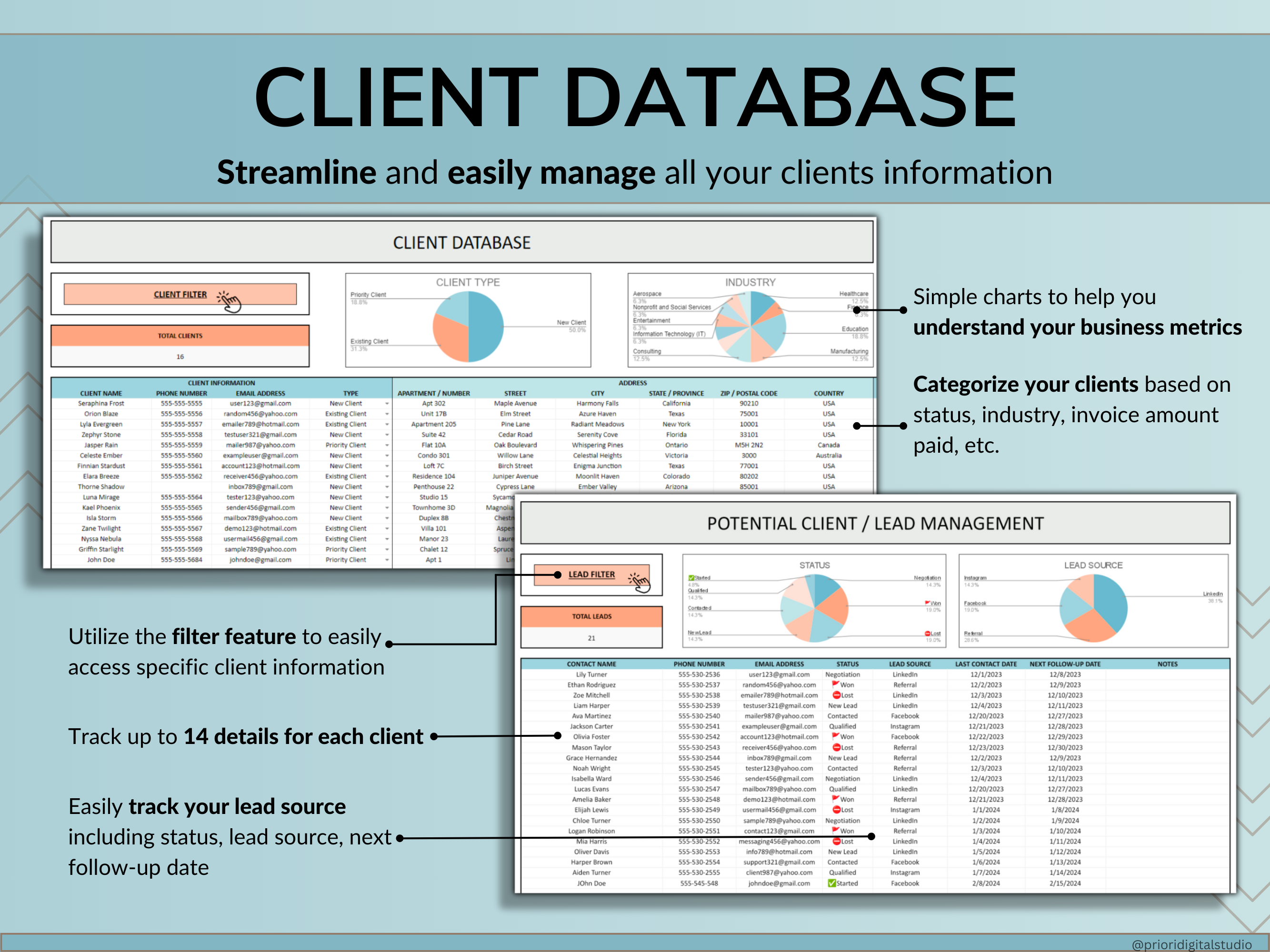 Client Tracker Spreadsheet for Small Business with Task Tracker Customer CRM Dashboard Google Sheets Excel Lead Management Invoice Tracker