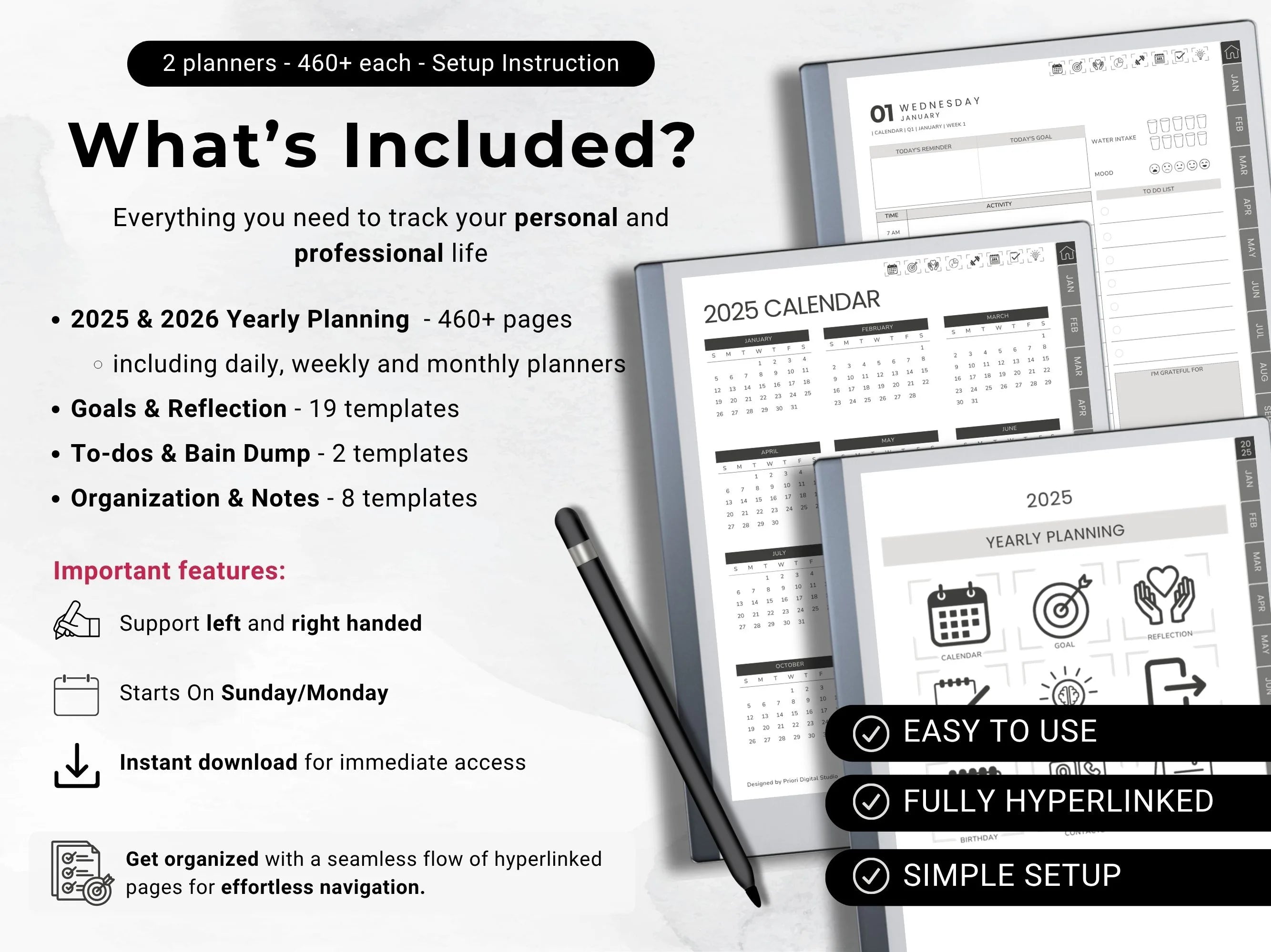 reMarkable Planner Daily Planner 2025 2026 Daily Journal reMarkable 2 Template Digital Planner Minimalist Hyperlinked Planner for reMarkable