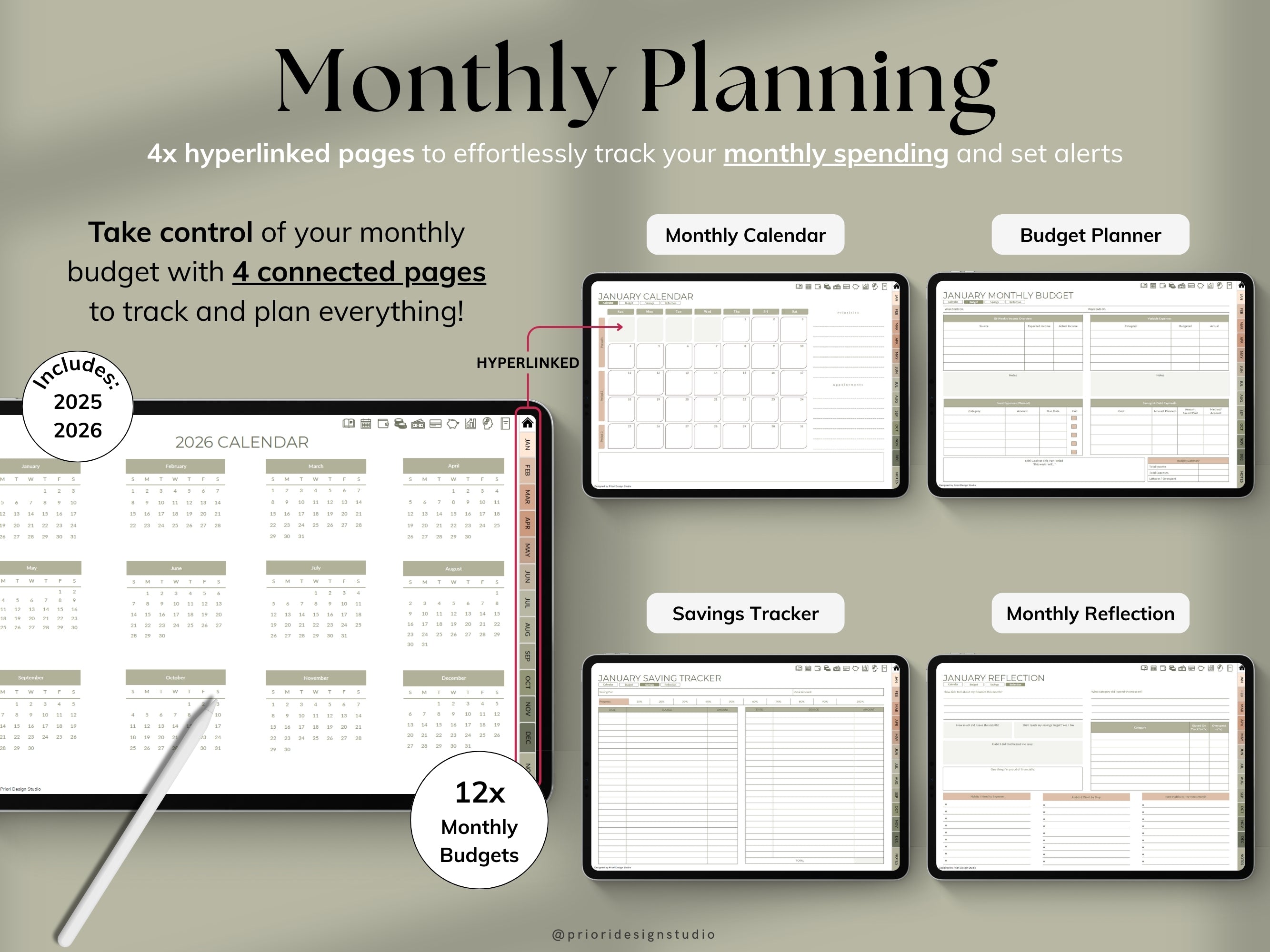Monthly planning and budgeting tools with hyperlinked pages on a beige background