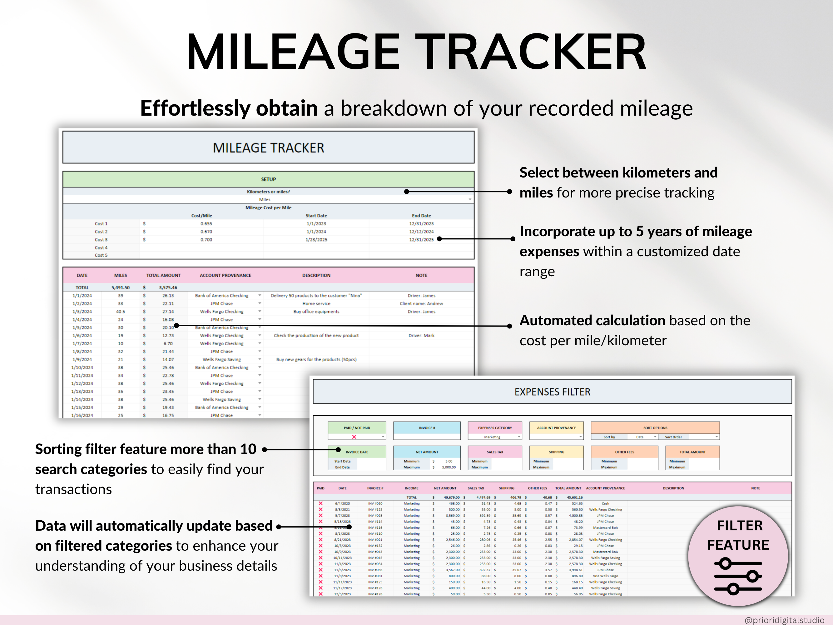 Small Business Bookkeeping Spreadsheet Income Expense Tracker Tax Tracker Accounting Template Mileage Tracker Business Planner Profit & Loss Excel Google Sheets