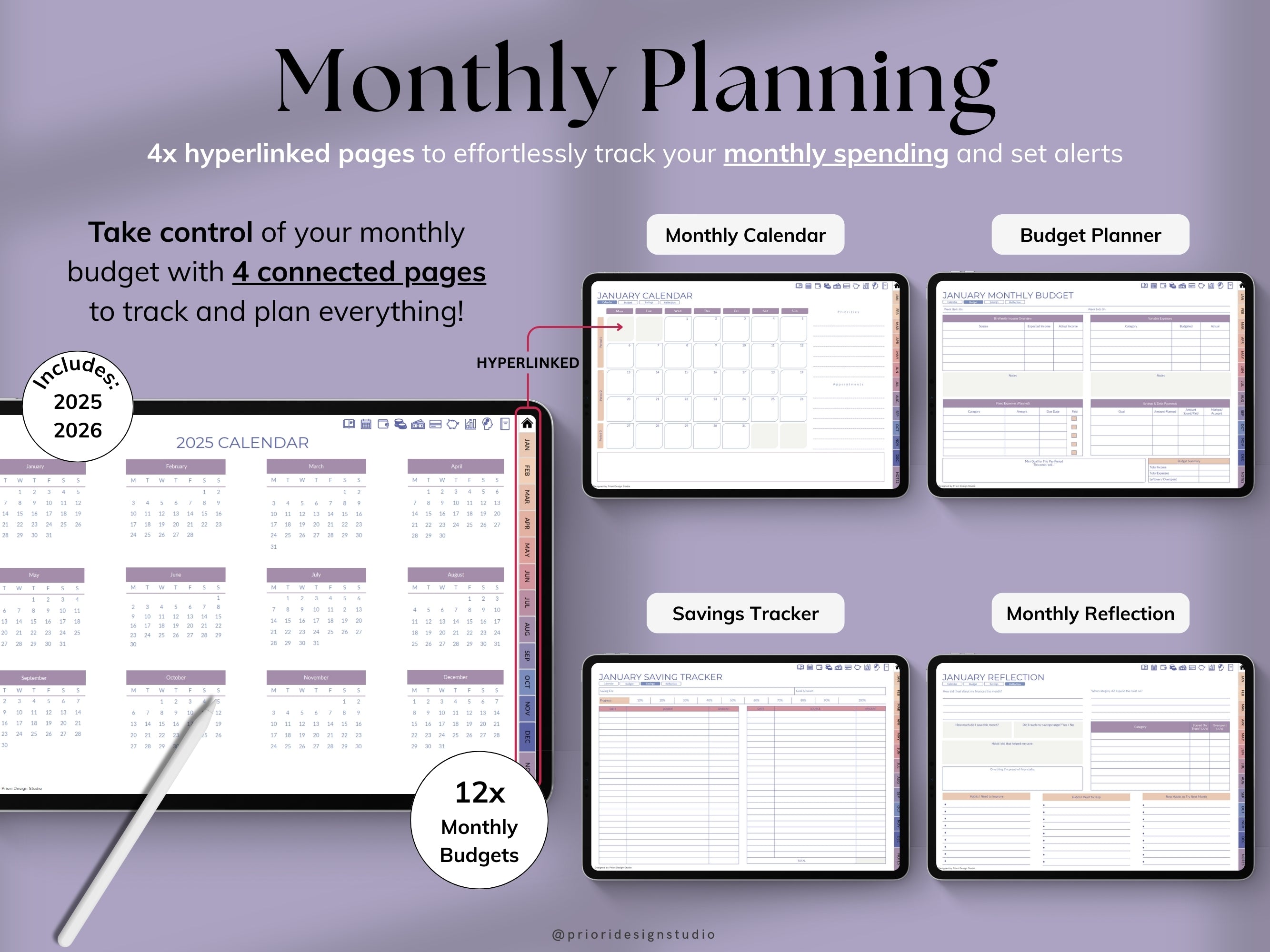 Monthly planning tool with various pages for budgeting, tracking, and reflection on a purple background.