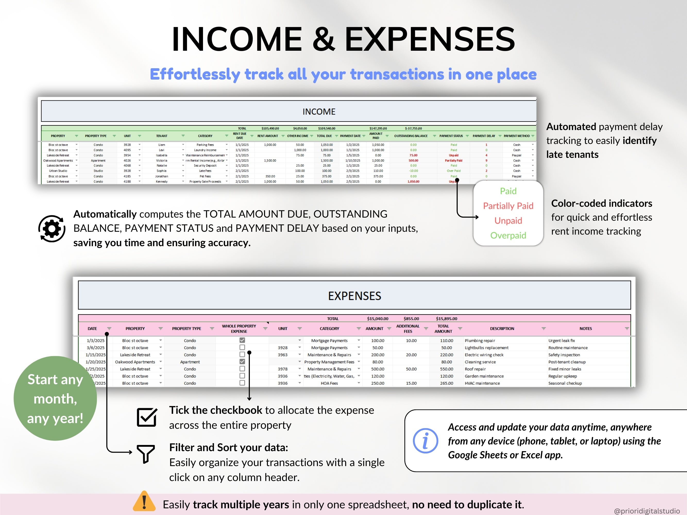 Rental Property Tracker Landlord Spreadsheet Multi Property Income and Expense Excel Google Sheets Rental Bookkeeping Rent Payment Tracker