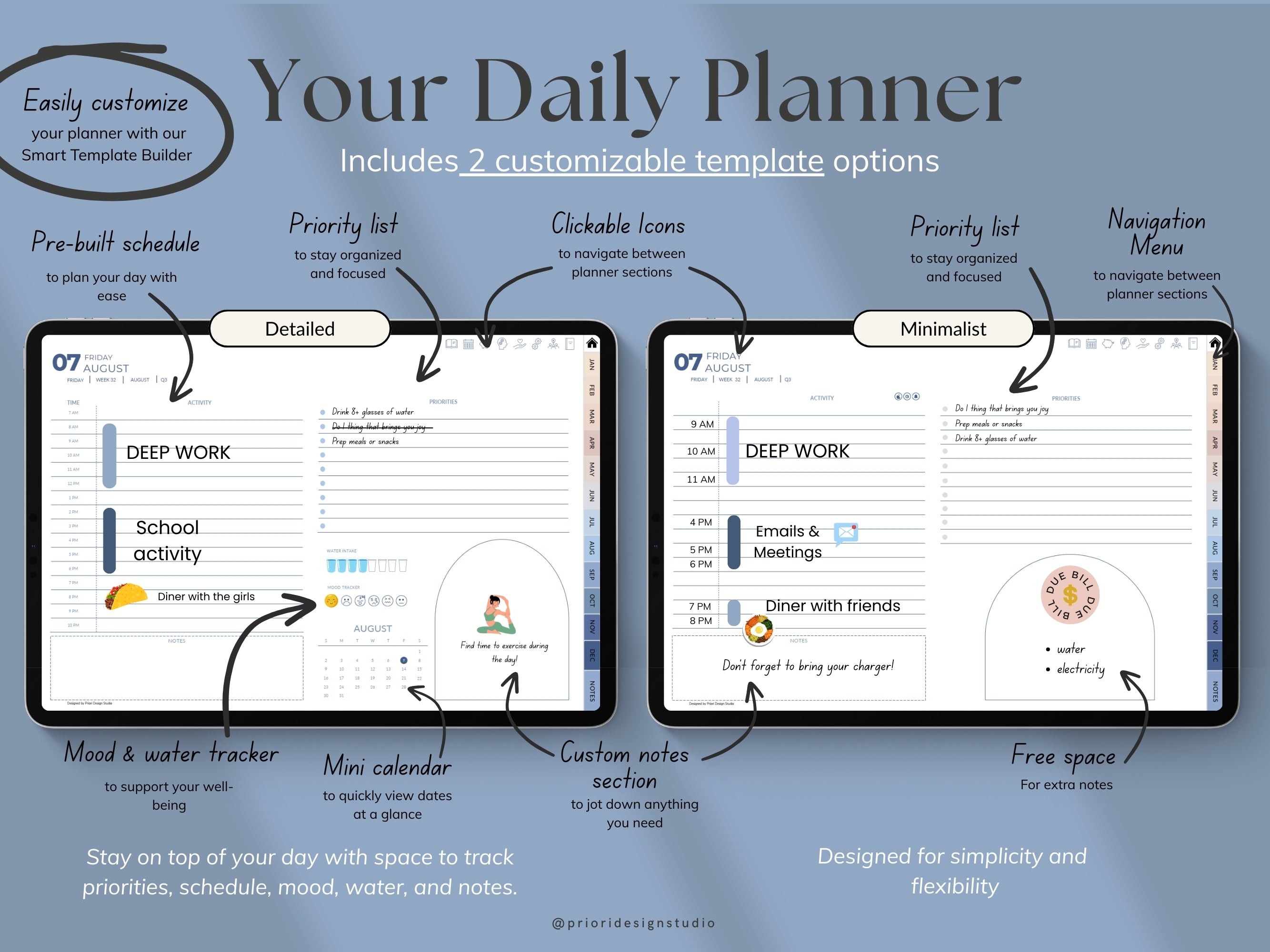 Daily planner software with customizable templates on a blue background