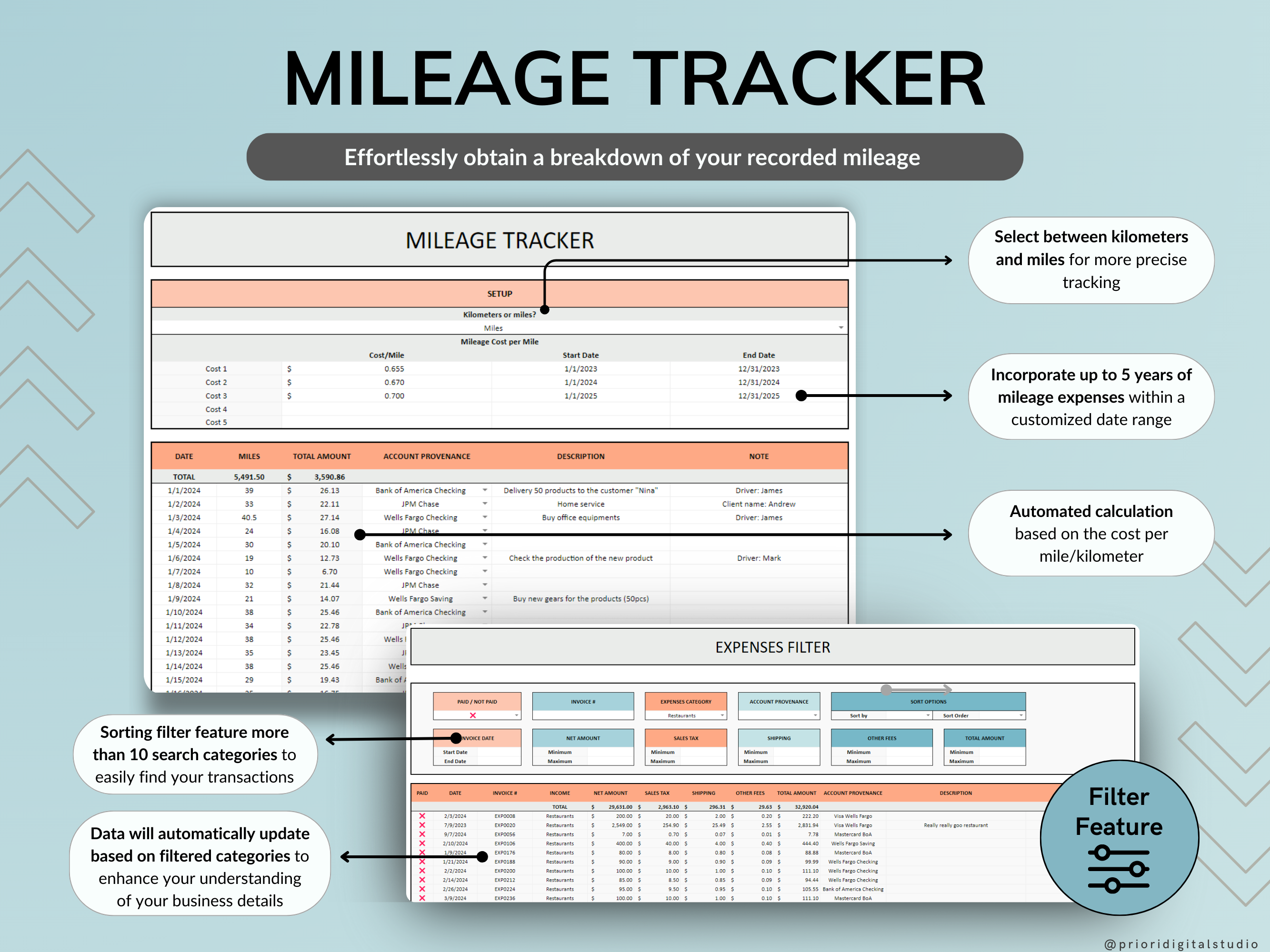 Small Business Bookkeeping Spreadsheet Income Expense Tracker Tax Tracker Accounting Template Mileage Tracker Business Planner Profit & Loss Excel Google Sheets