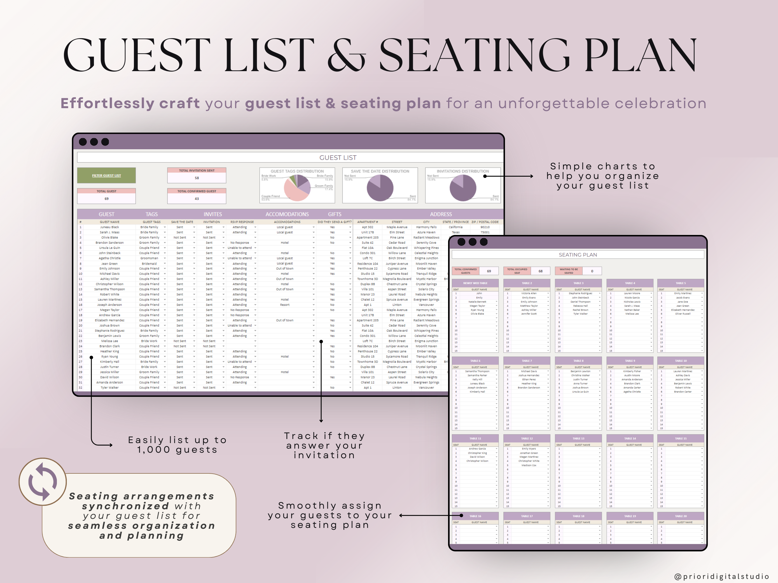 Wedding Planner Spreadsheet Wedding Budget Tracker Honeymoon Planner Checklist Guest List Tracker Wedding Travel Itinerary Seating Plan Excel Google Sheets#color_lavender