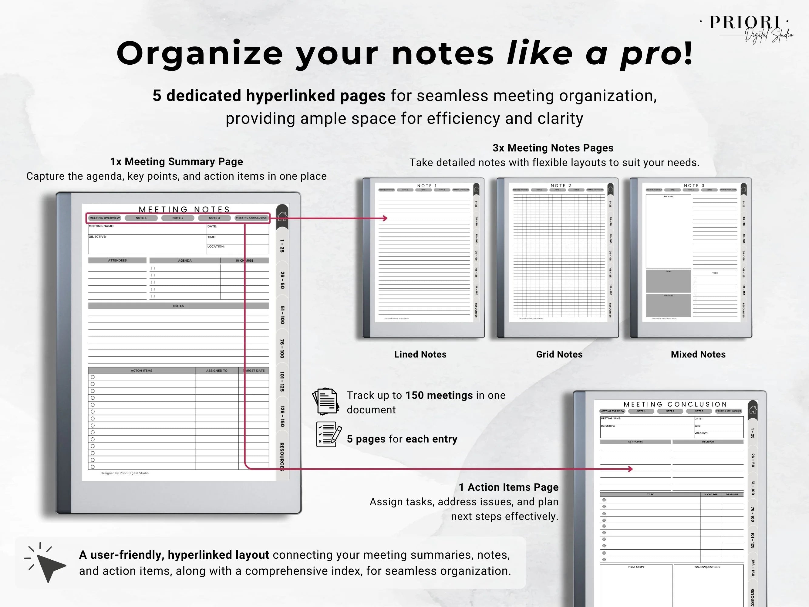 Meeting Notes Planner reMarkable 2 Meeting Templates Hyperlinked for reMarkable Paper Pro Meeting Minutes reMarkable Planner Meeting Agenda