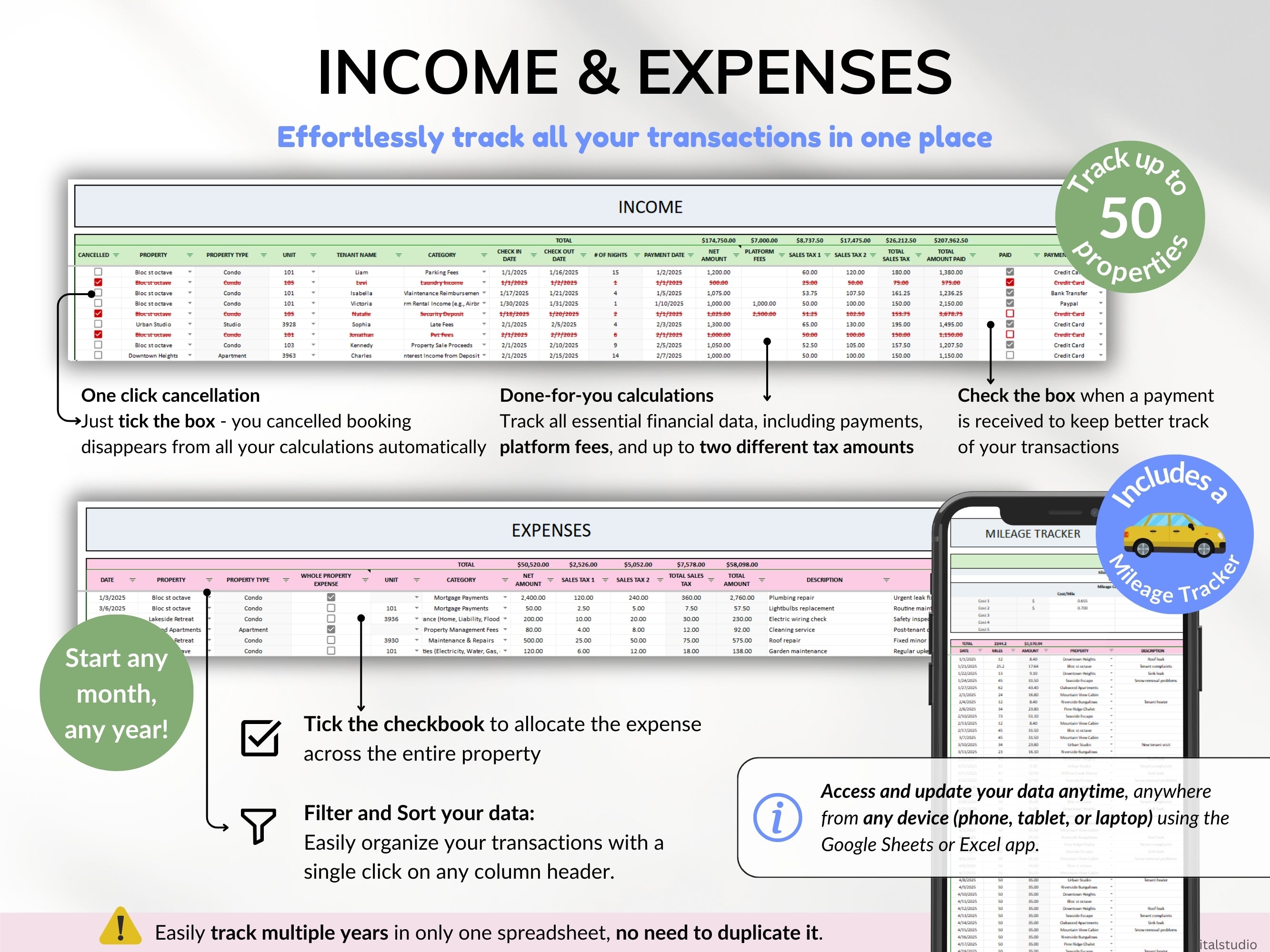 Airbnb Spreadsheet Vacation Rental Property Tracker Bookkeeping Template Google Sheets Booking Calendar Excel Short-Term Rental Management