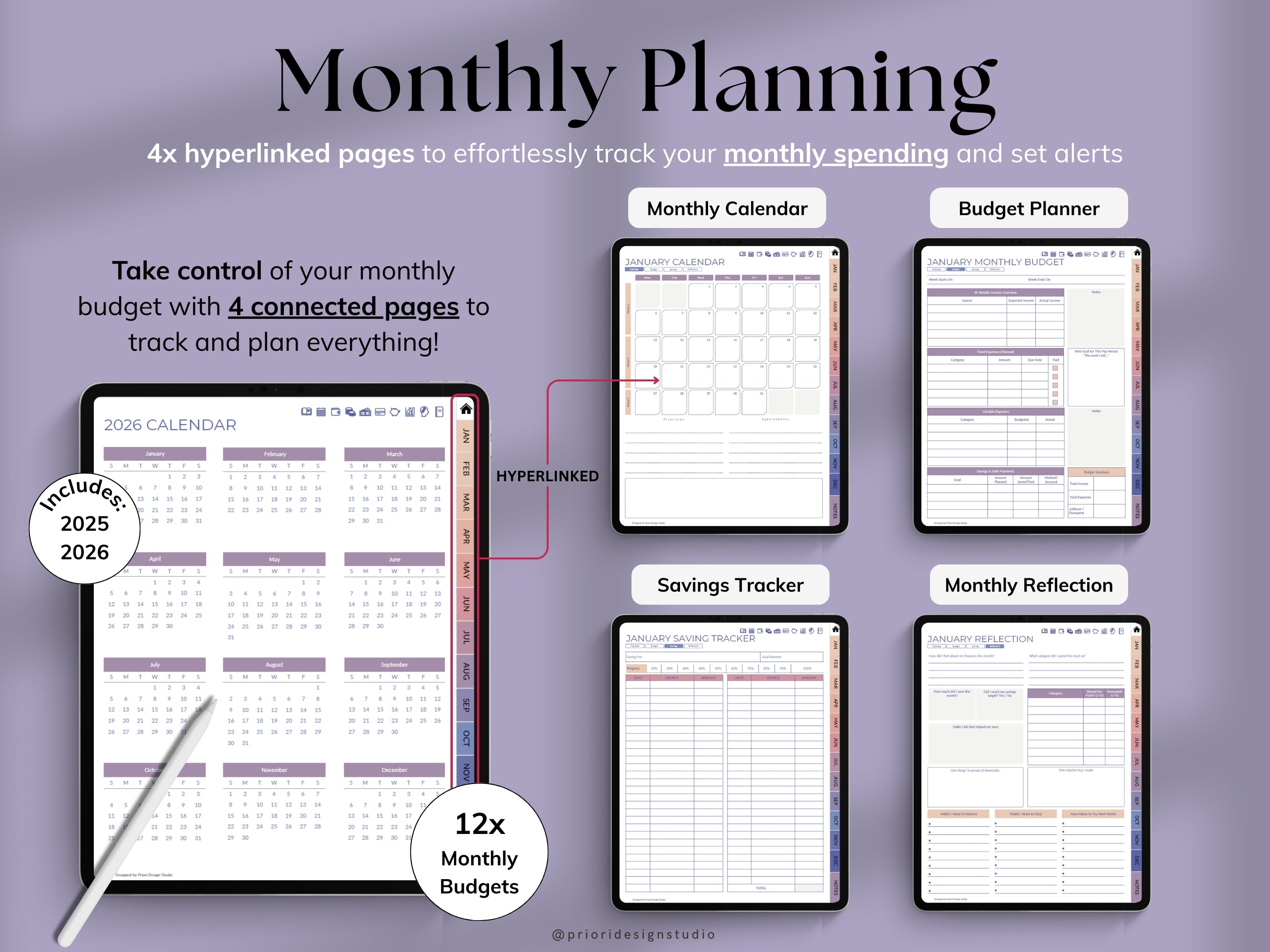 Monthly planning tool with various pages for budgeting and tracking spending on a purple background.