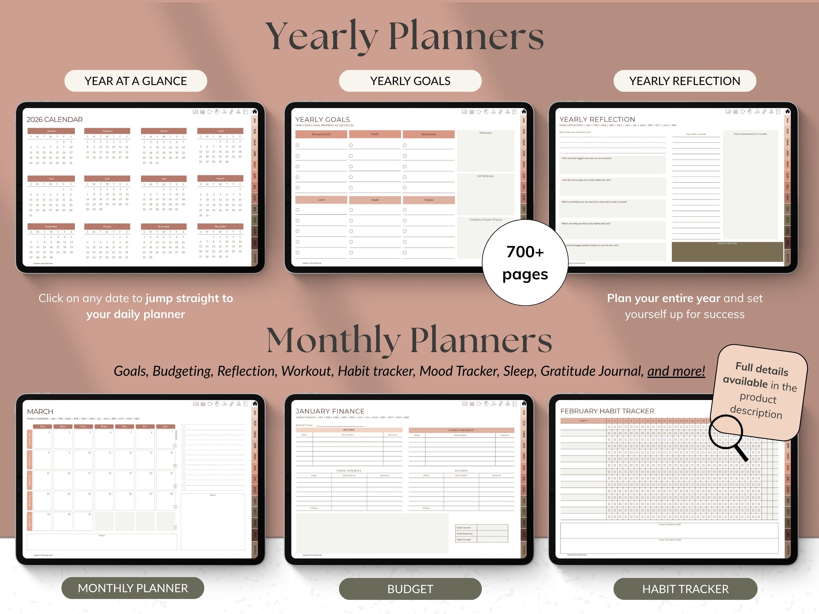 Yearly and monthly planners with various sections on a brown