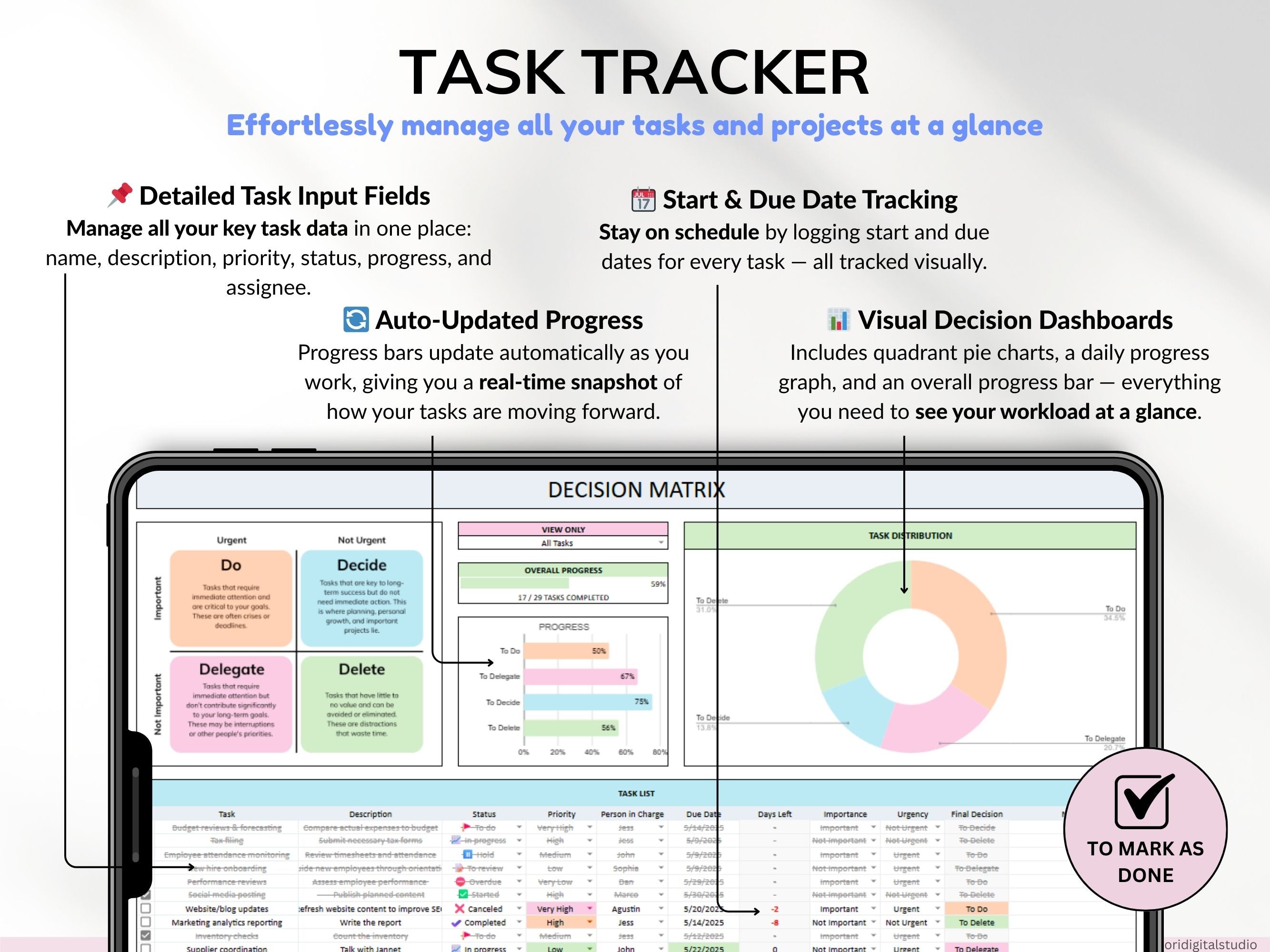 Decision Matrix Task Tracker Google Sheets Excel Eisenhower Matrix To-Do List Project Planner Work Priority Matrix ADHD Productivity Planner