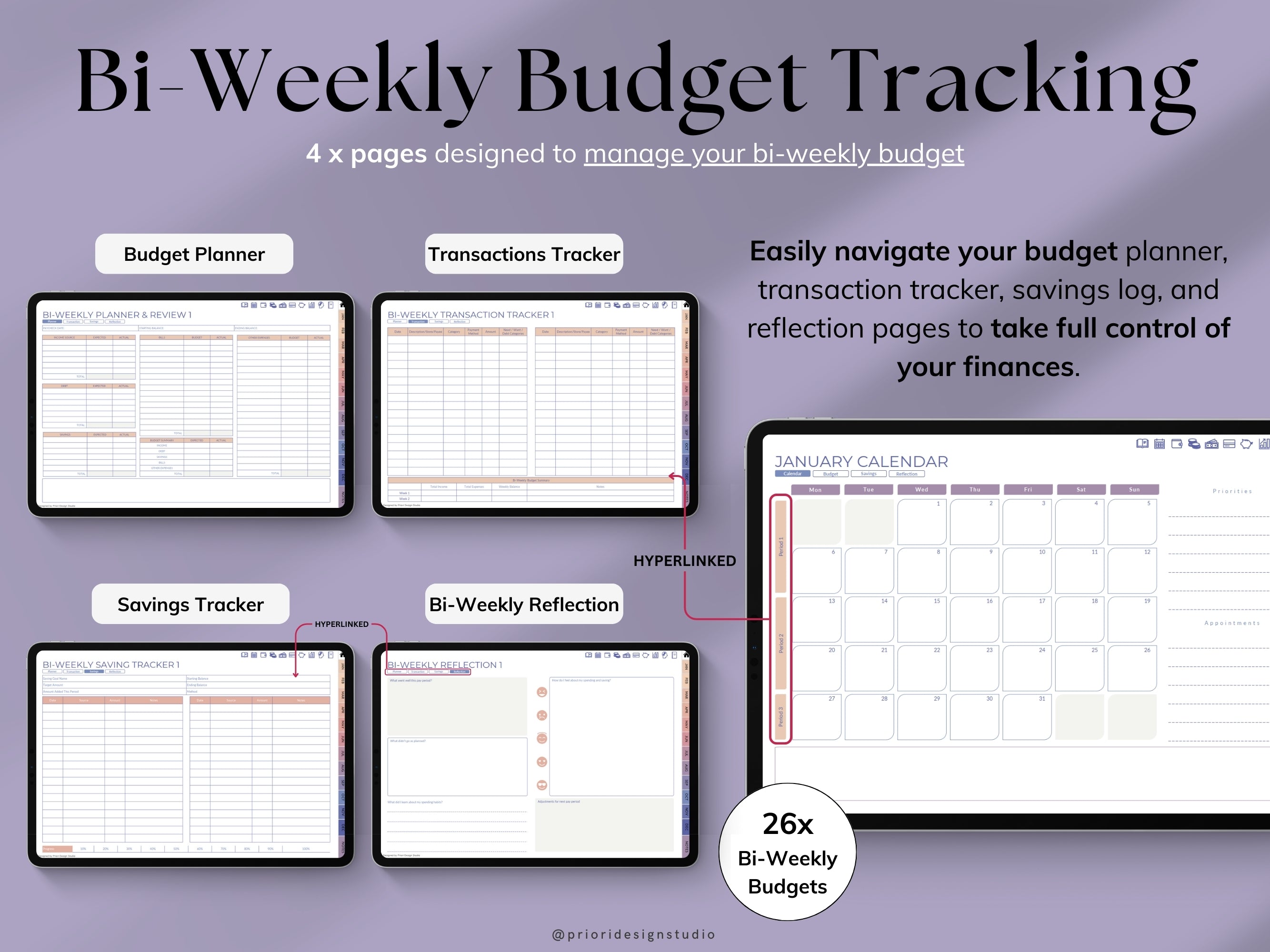 Bi-Weekly Budget Tracking planner with various sections on a purple background
