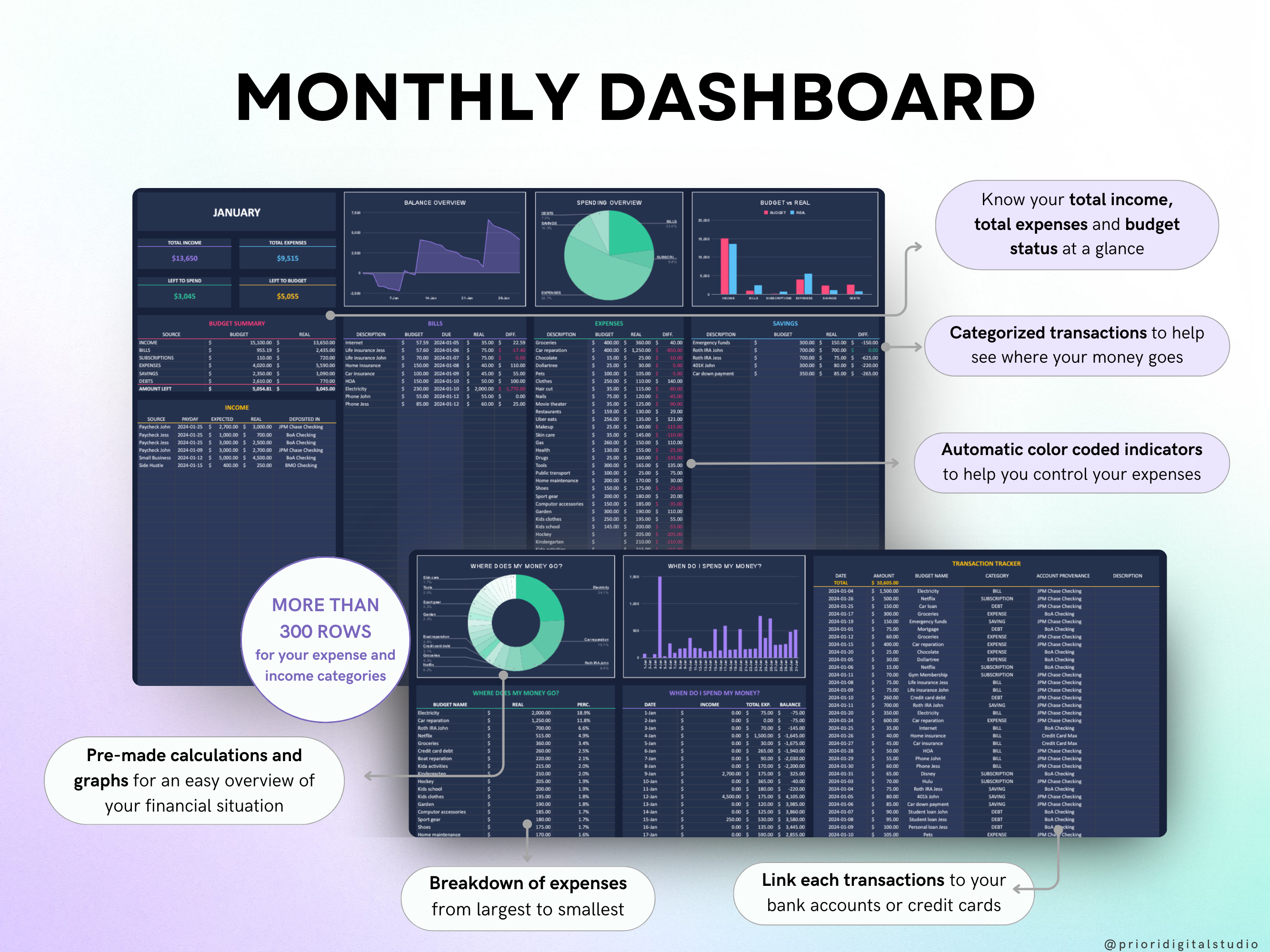 Family Annual Budget Dark Mode Monthly Budget Tracker Excel Spreadsheet Google Sheets Couple Financial Planner Bill Calendar Debt Tracker