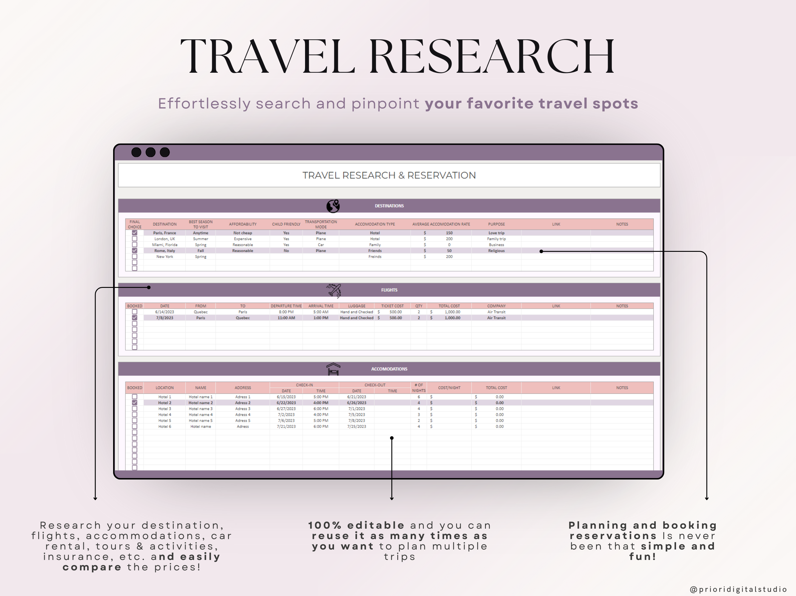 Honeymoon Travel Planner Google Sheets Excel Holiday Organizer Travel Budget Spreadsheet Travel Itinerary Vacation Planner Packing List