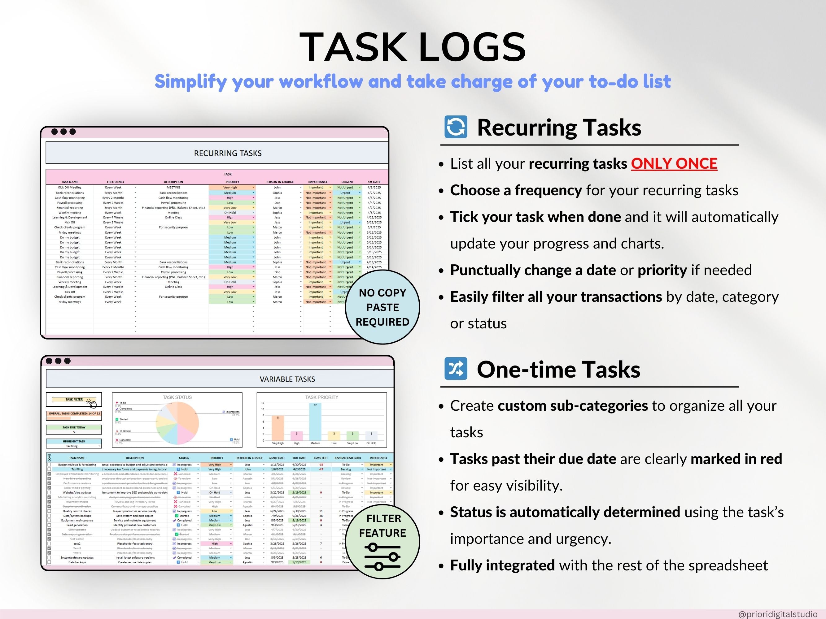 Task Tracker Spreadsheet Template Google Sheets Digital To-Do List Excel Daily Task Priority List Work Organization Team Project Management