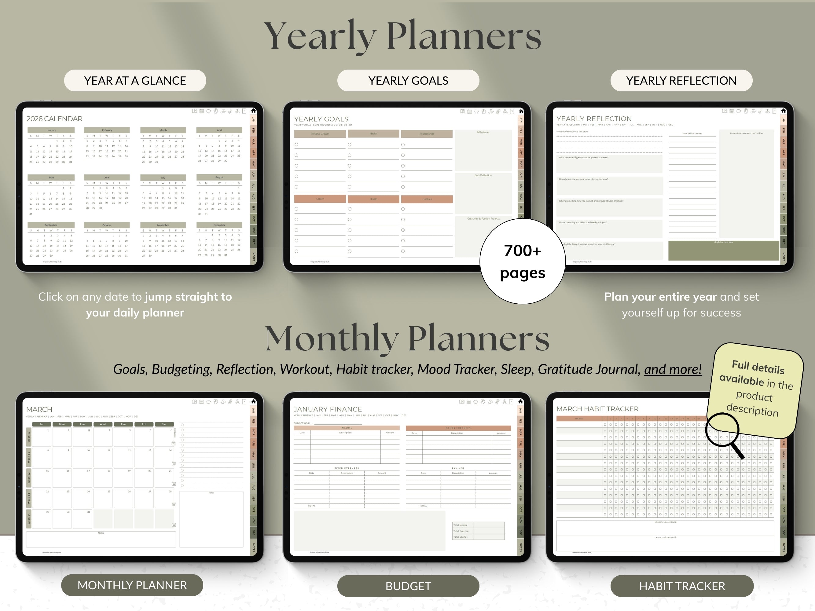 Promotional graphic for yearly and monthly planners with various sections and features.