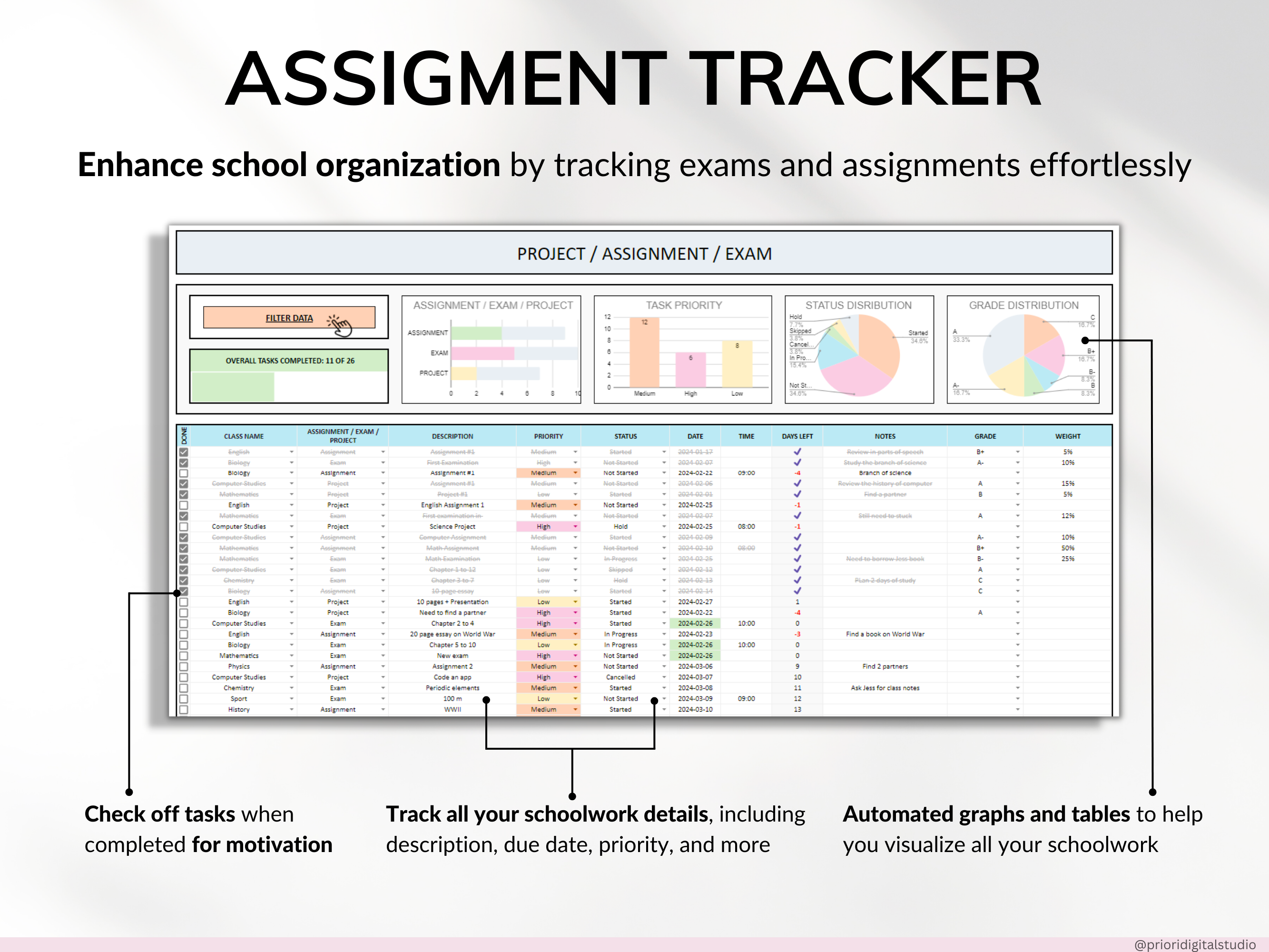 Student Planner with Assignment Tracker Academic Planner Google Sheets Excel Task Tracker To-Do List Automated Calendar Budget Finance Tracker