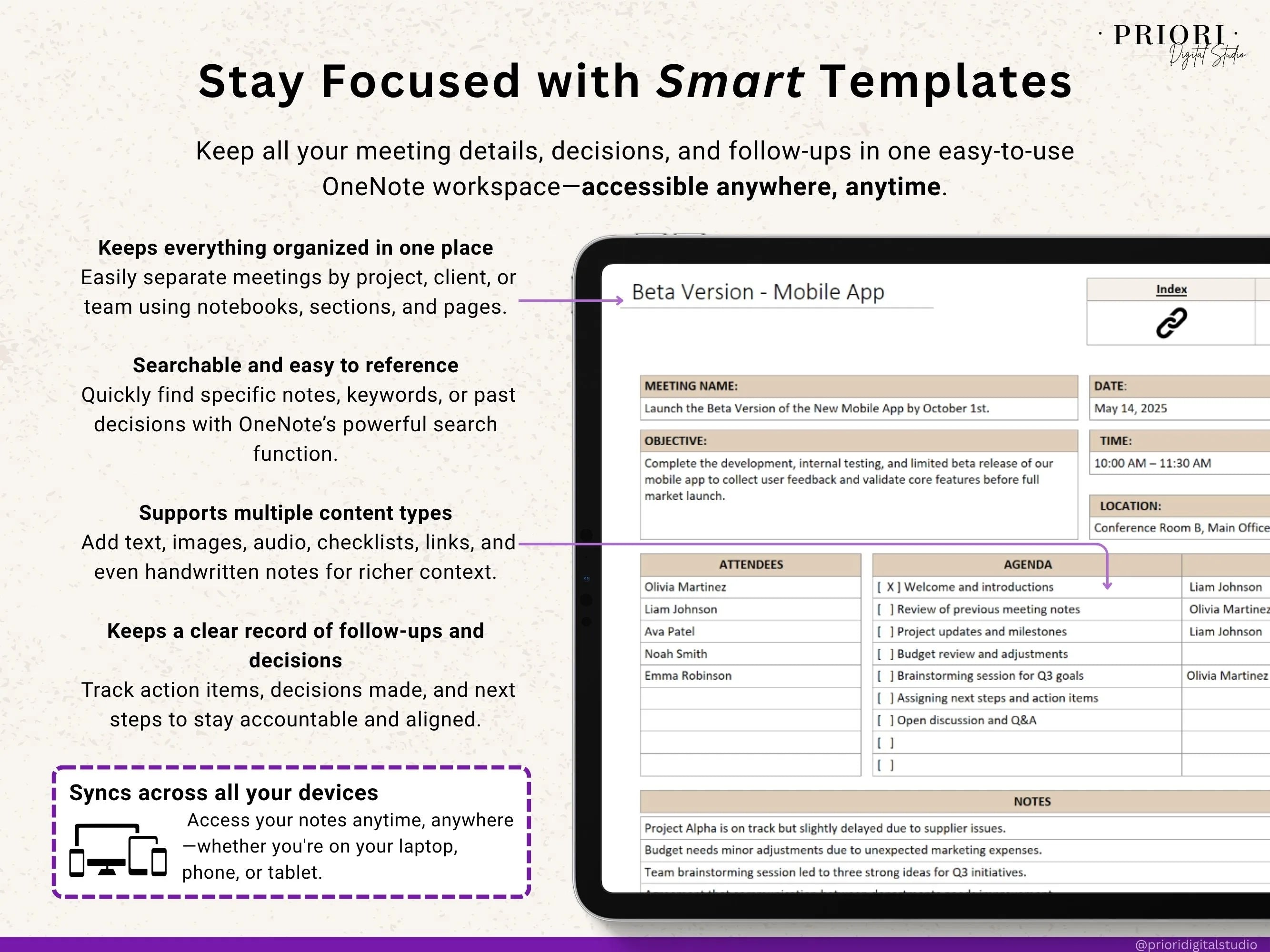 OneNote Planner 2025 2026 Professional One Note Template for Work Project Management Hyperlinked Planner Weekly Planner Organization Planner
