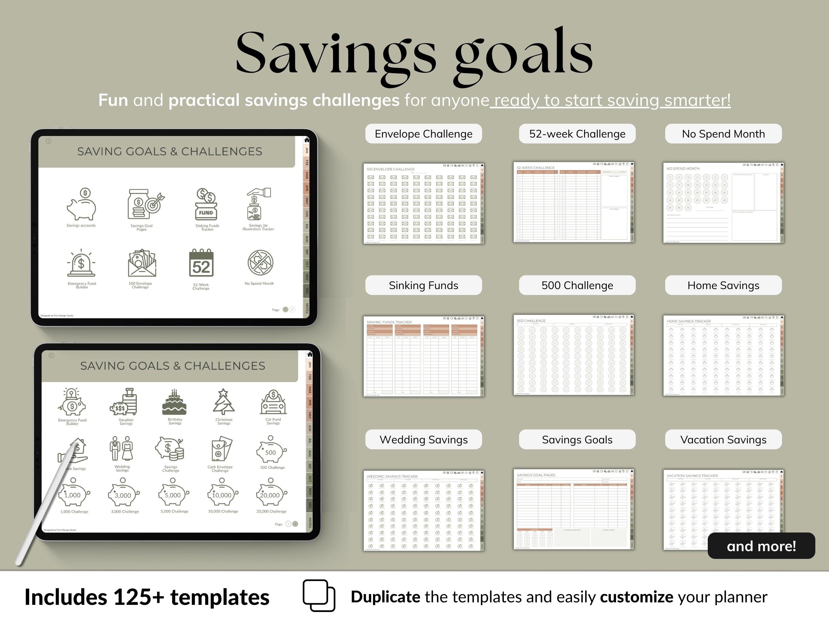 Savings goals planner with digital tablet and printed templates on a beige background
